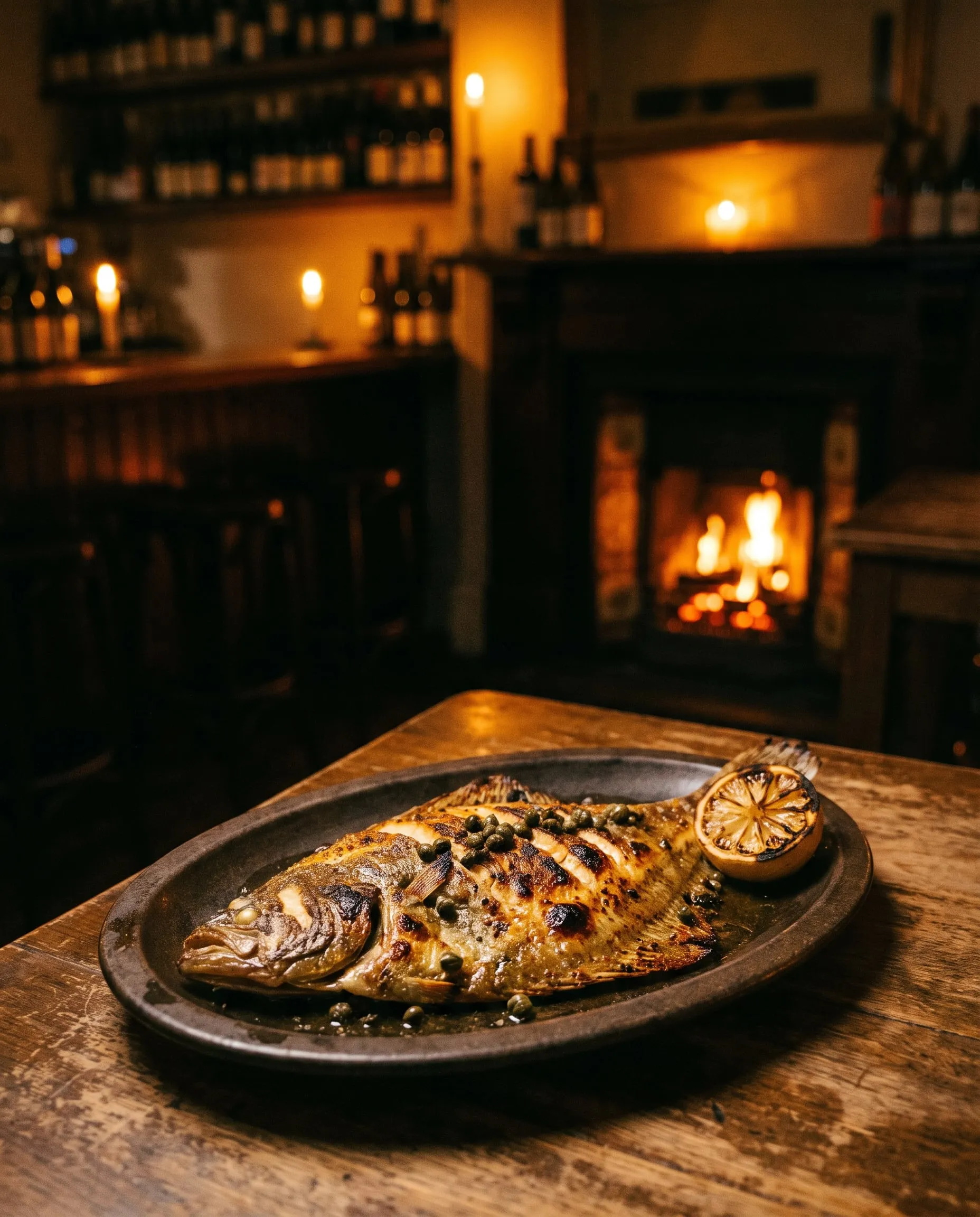 A whole flounder grilled over coals with burnt butter, capers and charred lemon on a dark stoneware platter.