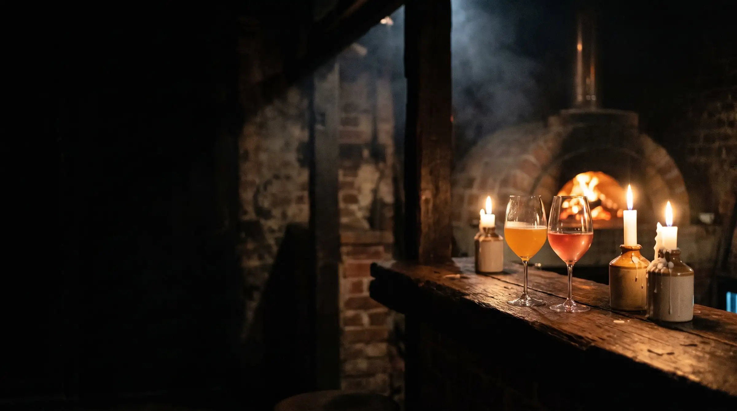 Two glasses of wine, one orange and one pale red, on a worn timber bar by candlelight, with a wood-fired oven glowing behind.