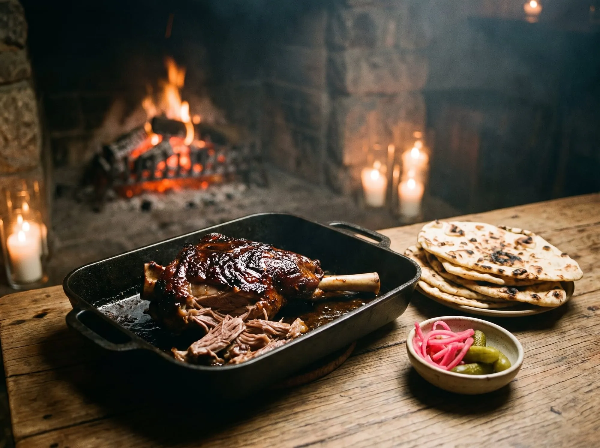 A slow-roasted lamb shoulder in a black roasting tray beside grilled flatbreads and pickles, a fire burning behind.