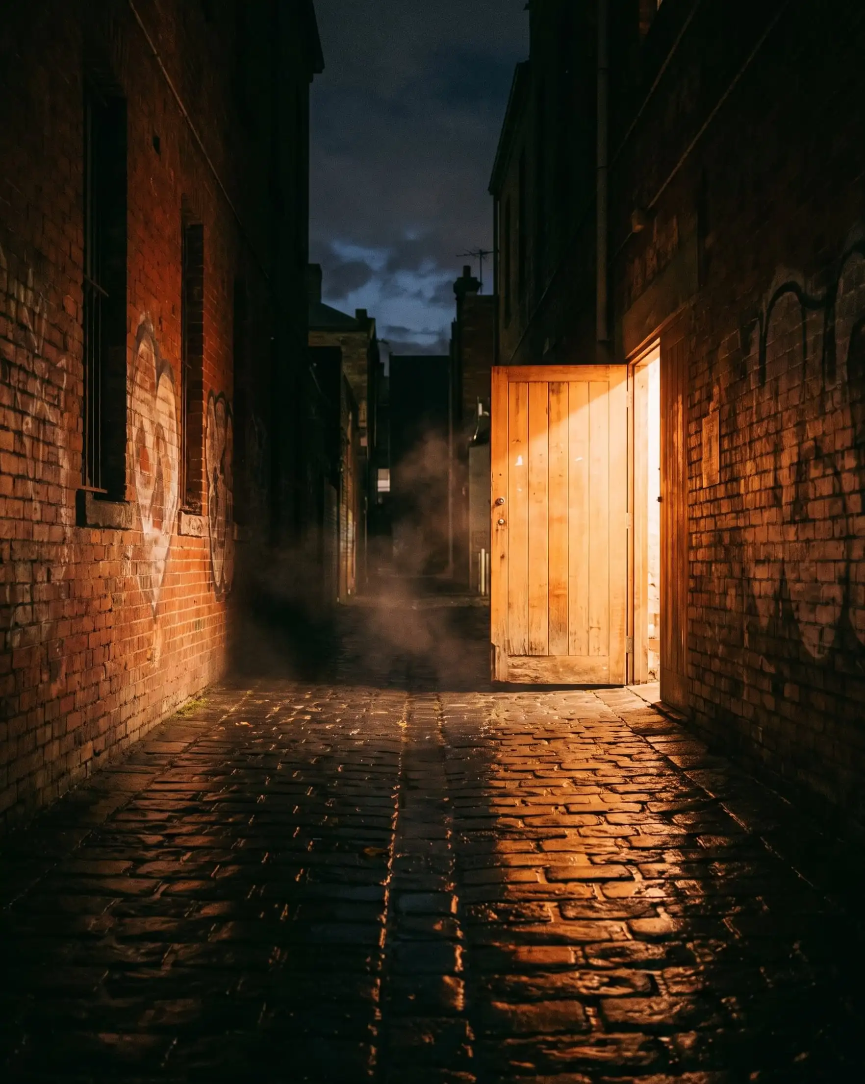 A wet bluestone laneway at night with warm light spilling from an open timber door onto old brick walls.