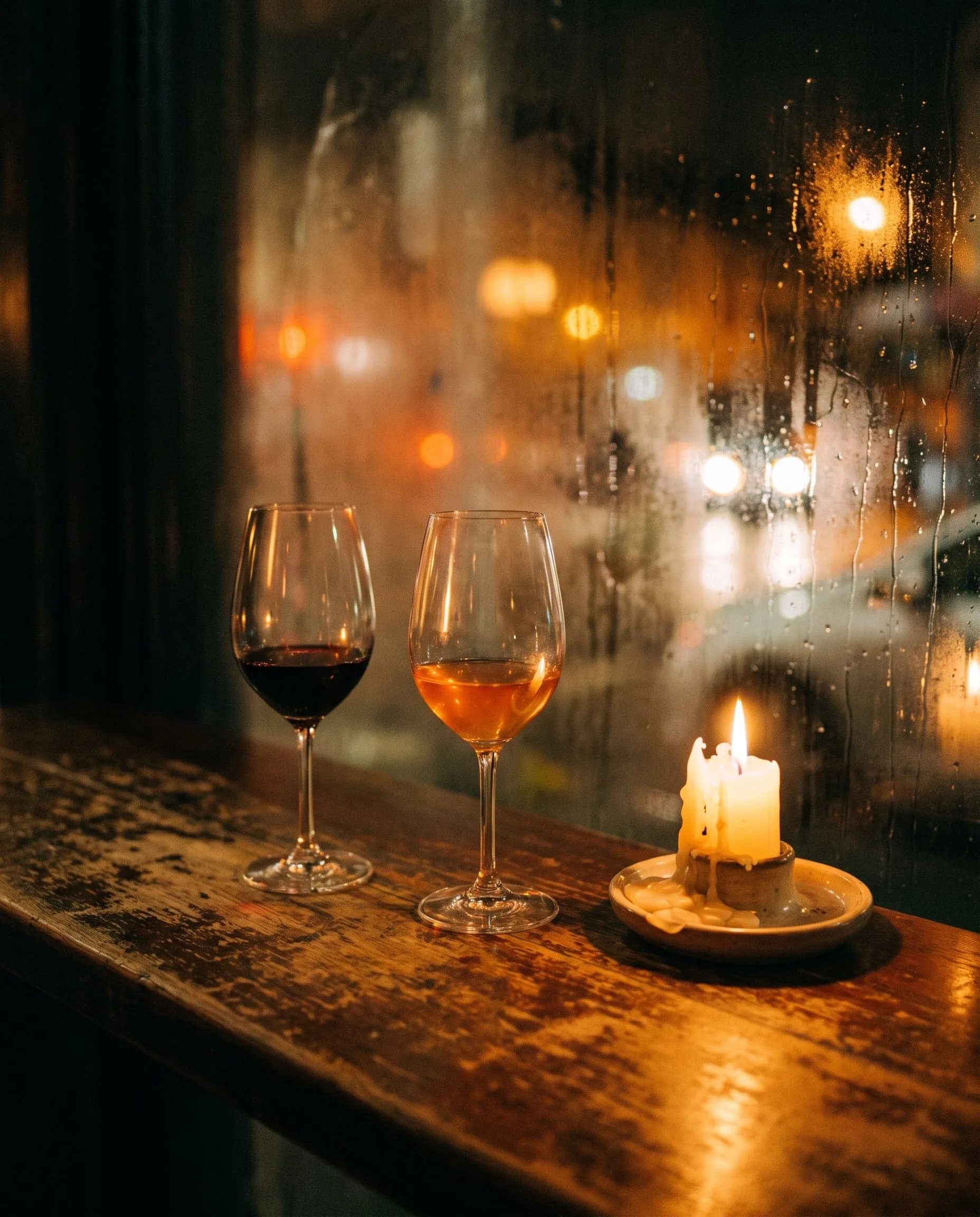 Two last glasses of red and orange wine beside a melted candle at a rain-streaked window at night.
