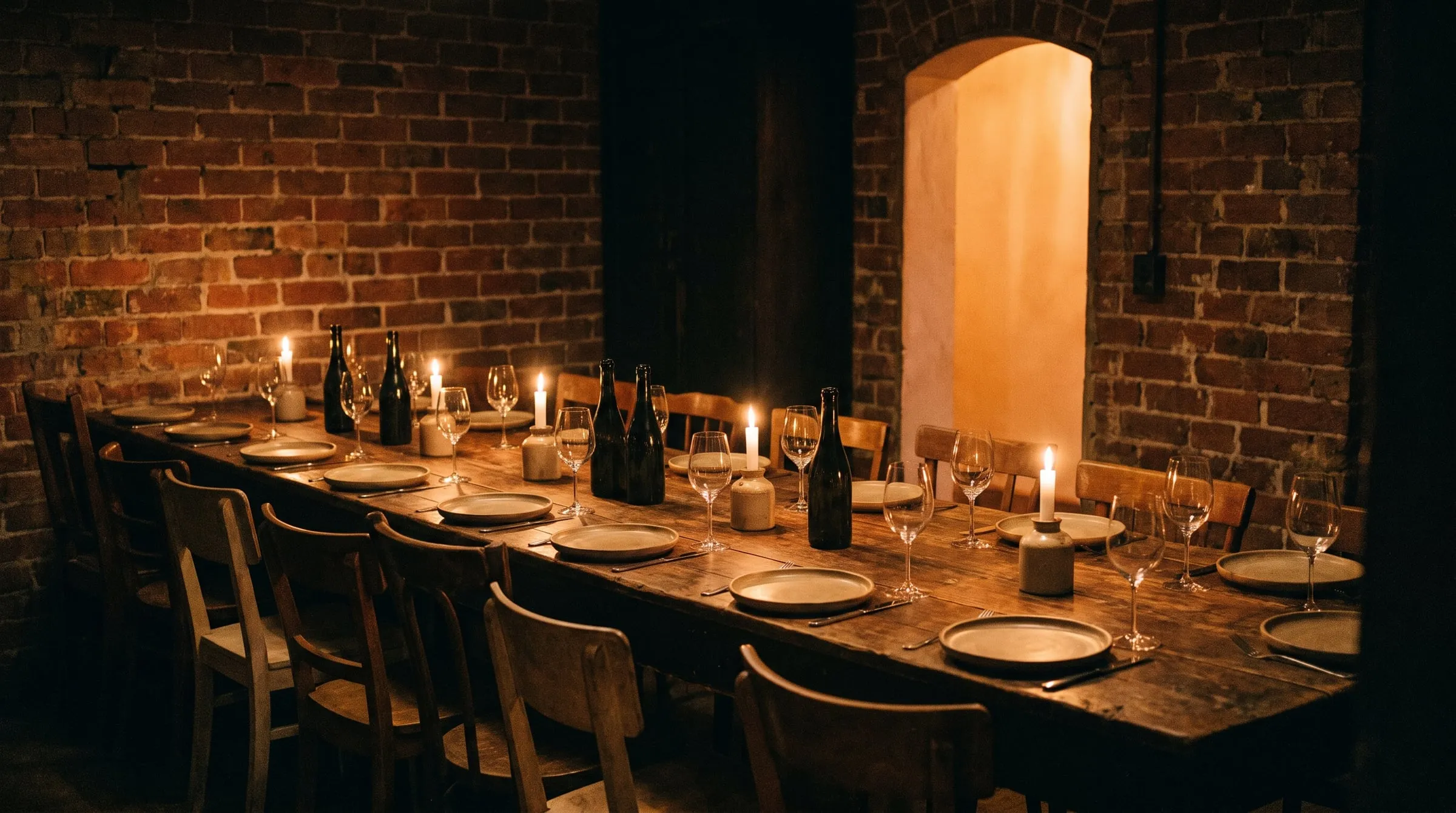 A long timber table set for fourteen with candles, stoneware plates and wine glasses in a brick-walled room.