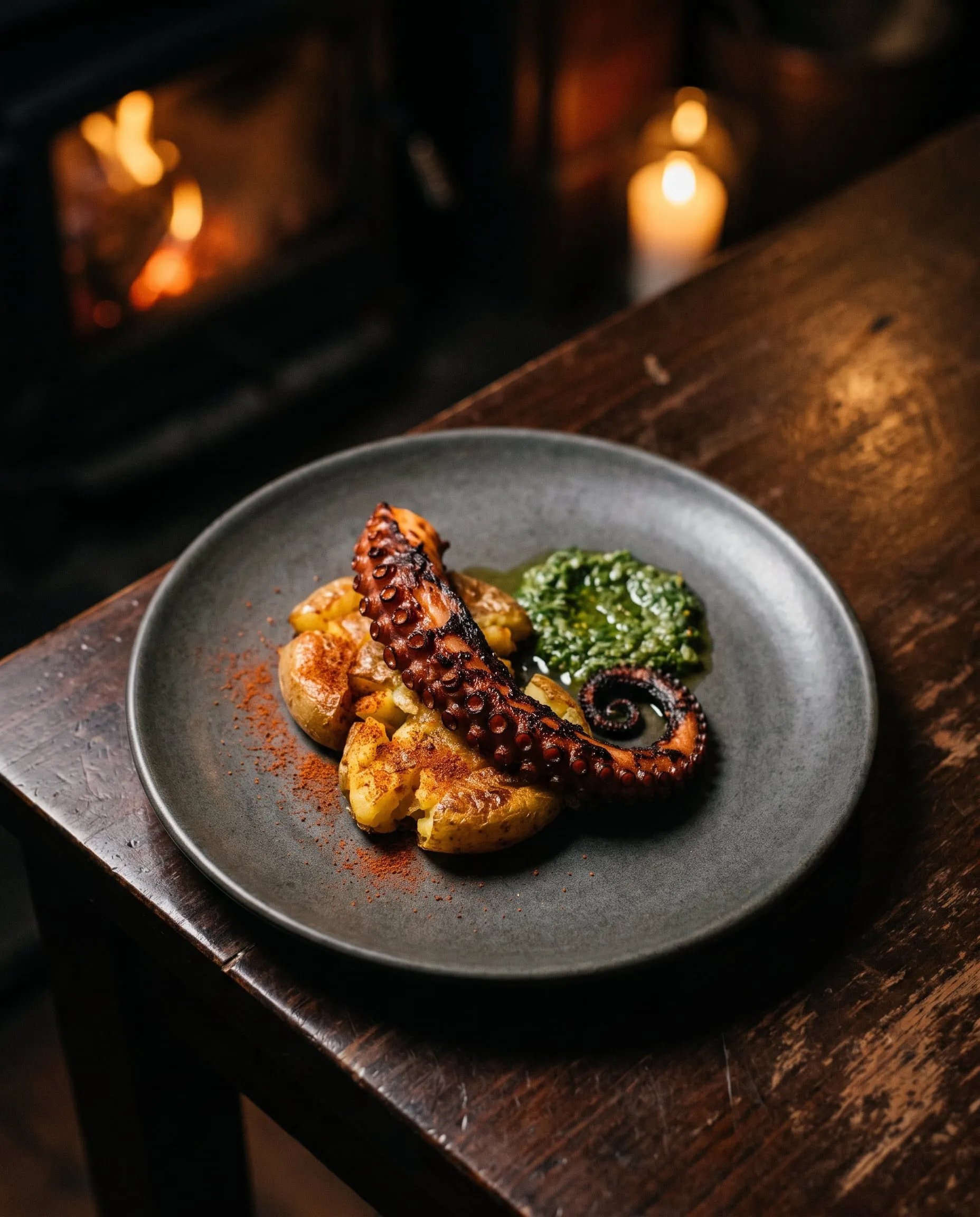 A charred octopus tentacle over crushed potatoes with smoked paprika and salsa verde on a dark stoneware plate.