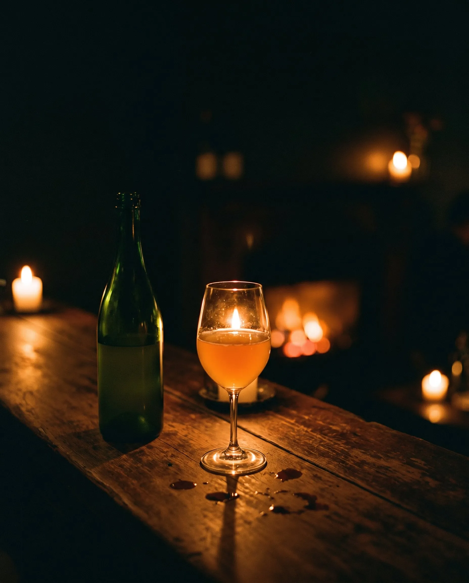 A glass of cloudy orange wine glowing by candlelight on a dark timber bar beside an unlabelled bottle.