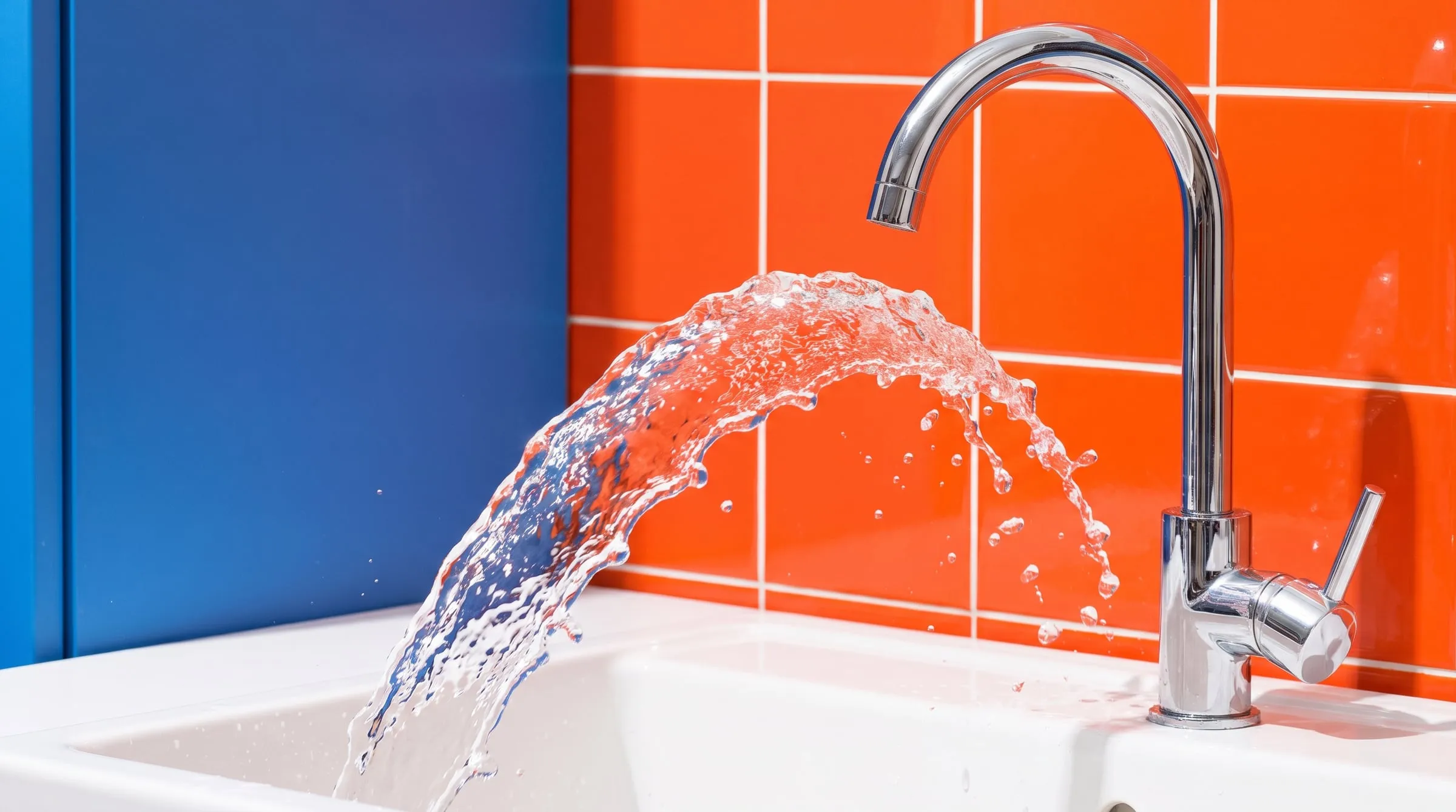 A chrome gooseneck tap with water gushing over a basin, in front of glossy orange tiles
