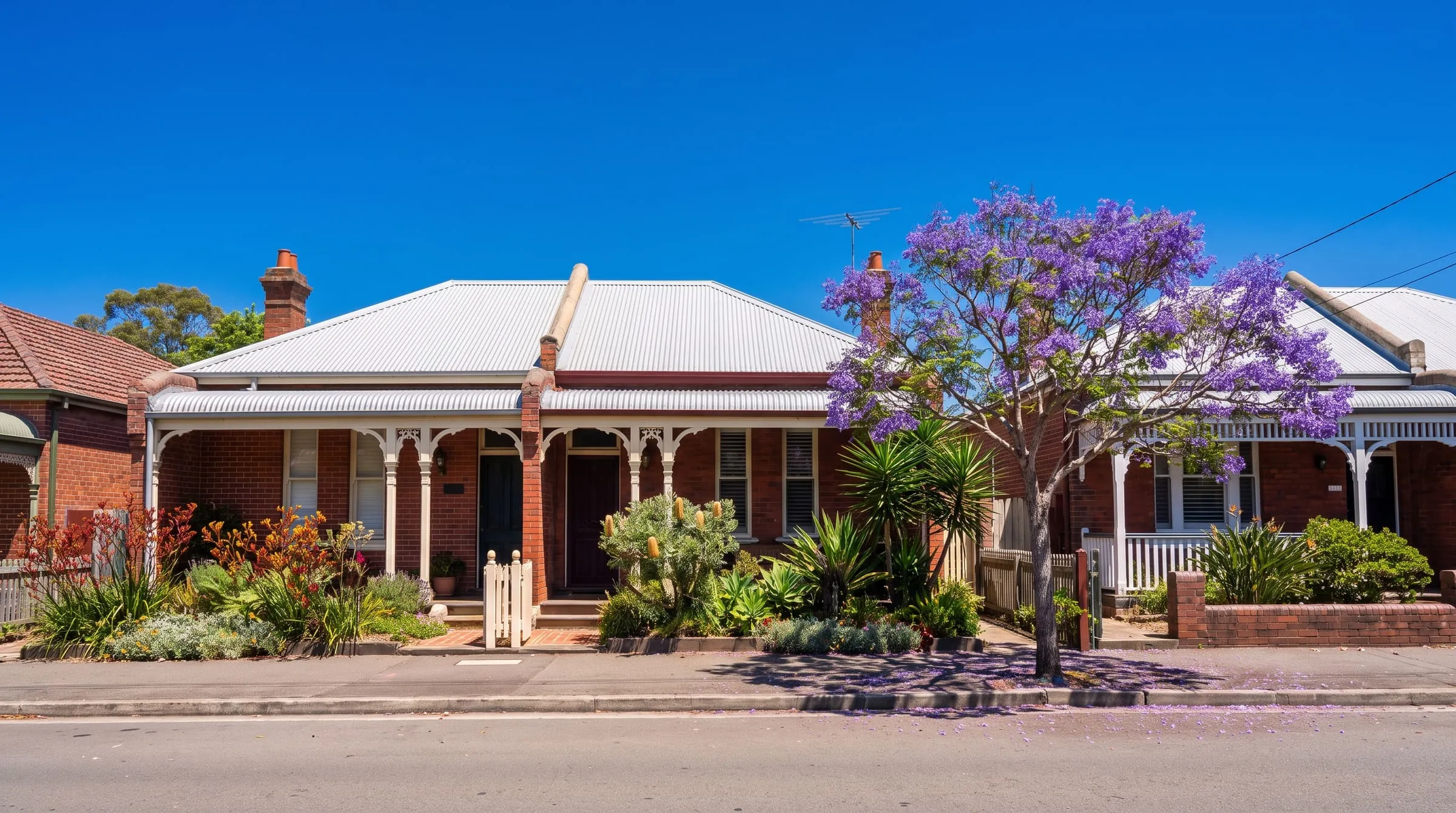 A sunny Inner West street of red brick Federation cottages under a jacaranda