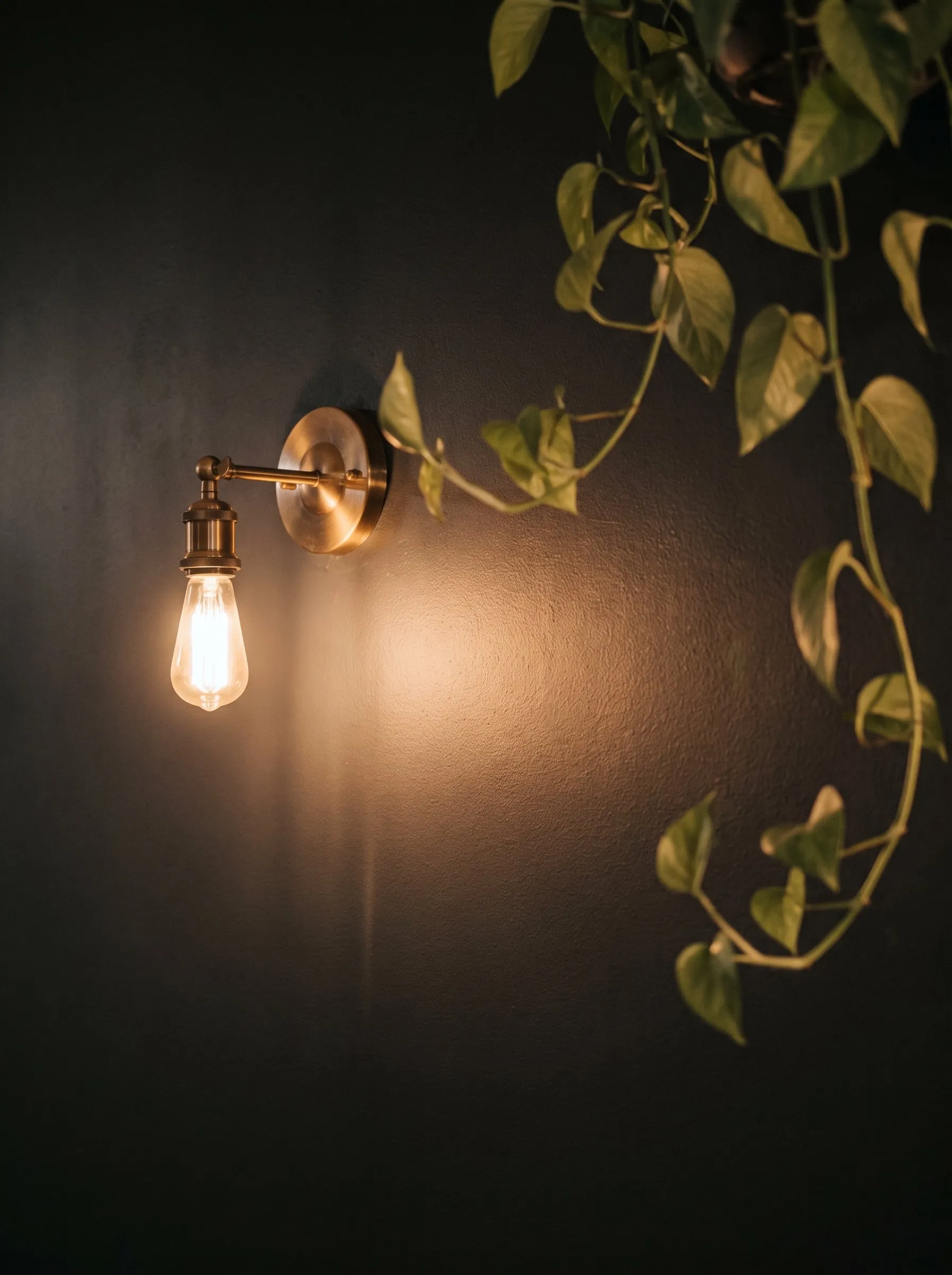 A brass wall lamp glowing on a charcoal wall with trailing green leaves