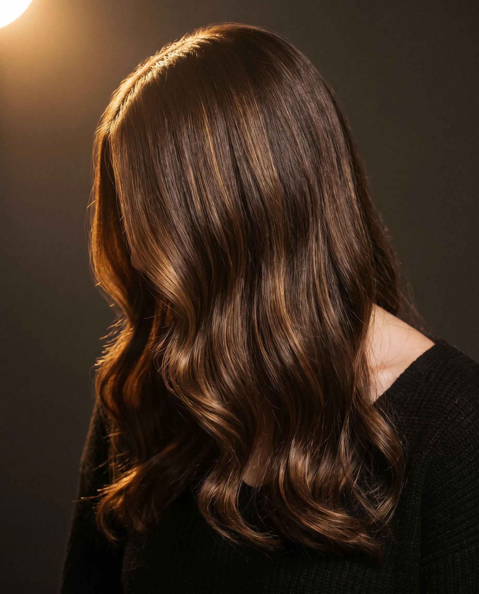 Long glossy brunette hair with soft caramel highlights, seen from behind in warm studio light