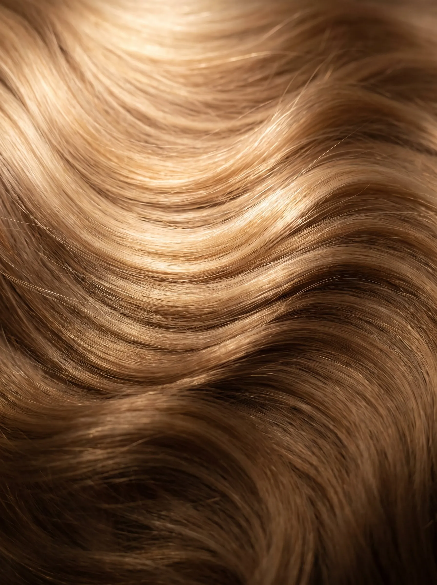 Soft champagne blonde waves catching a band of warm light