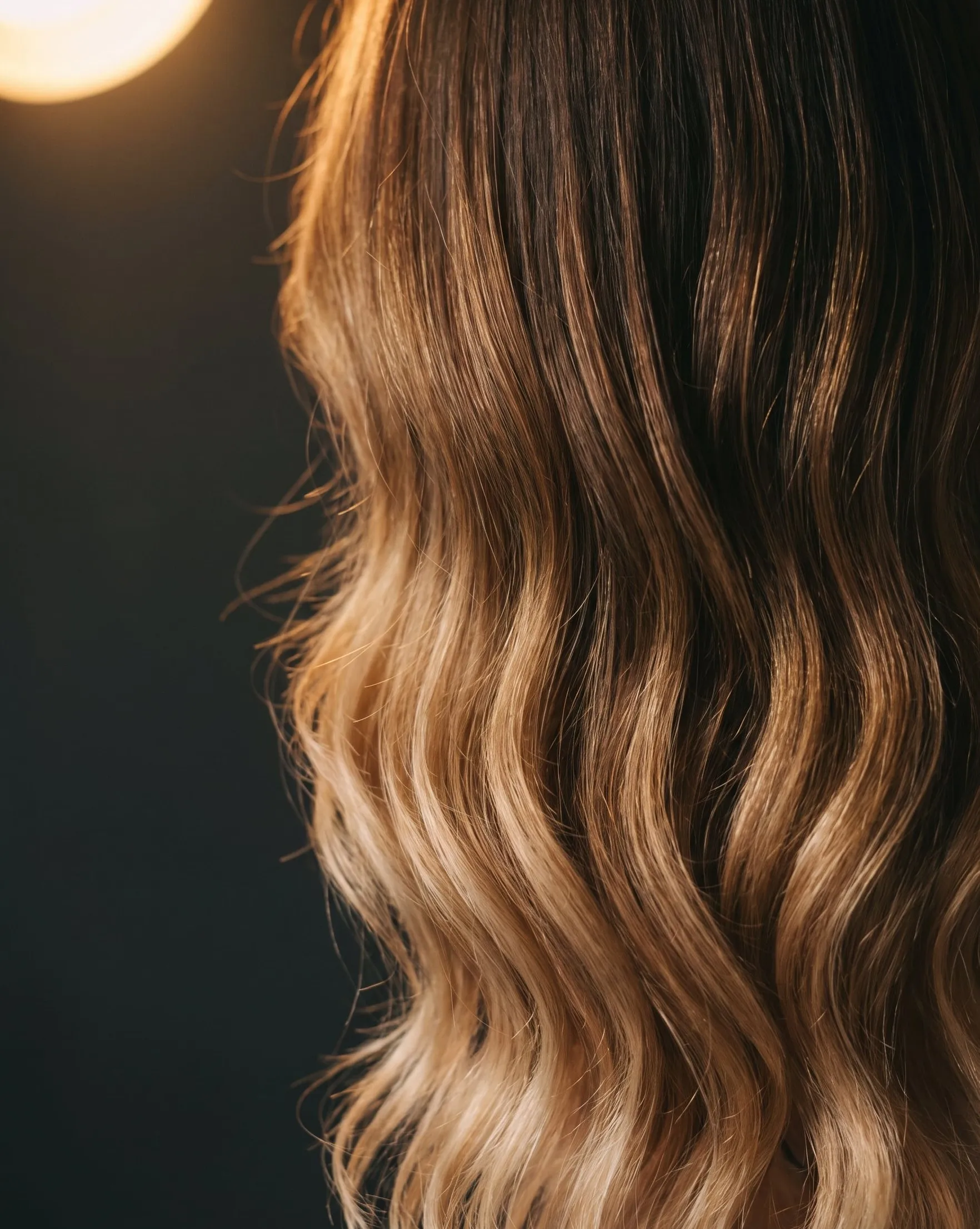 Close view of wavy hair melting from a deep brown root to honey and champagne blonde ends