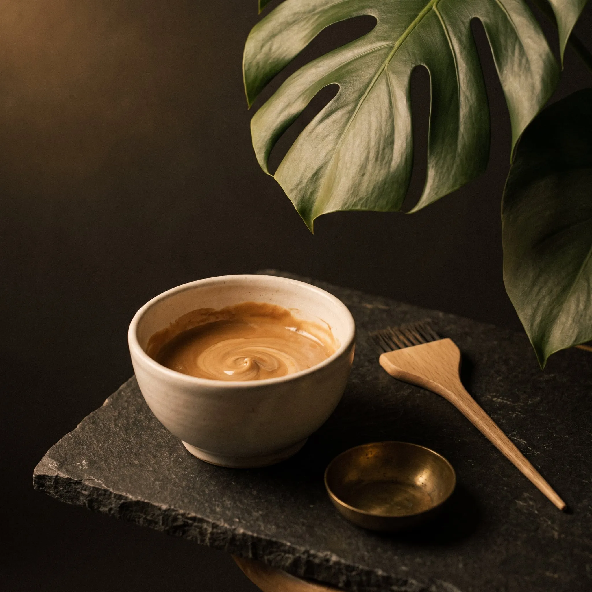A ceramic bowl of creamy caramel hair colour with a wooden tint brush and a green leaf on dark stone