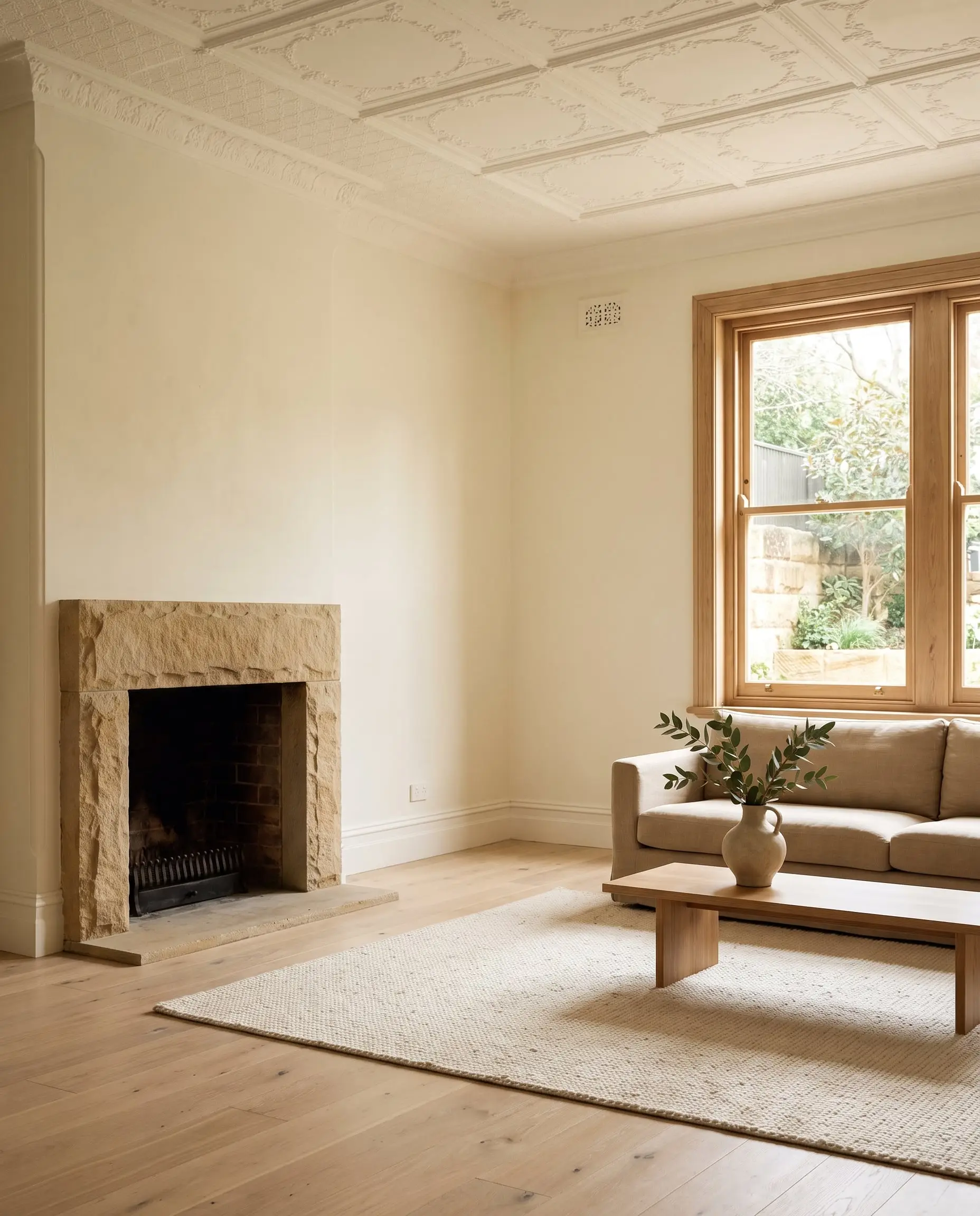 Sitting room with a sandstone fireplace, pale oak floor and a linen sofa under a timber sash window