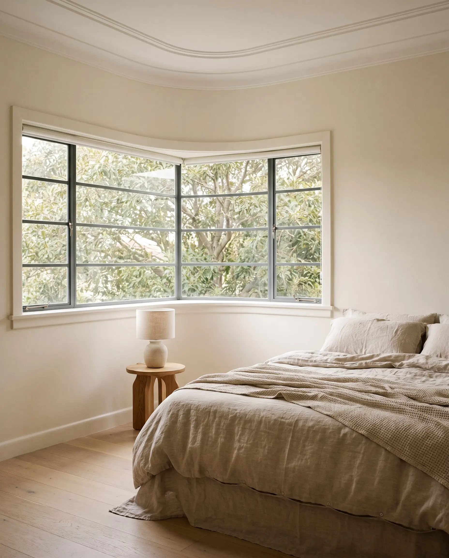 Bedroom with a curved corner window onto tree canopy and a bed made with oatmeal linen
