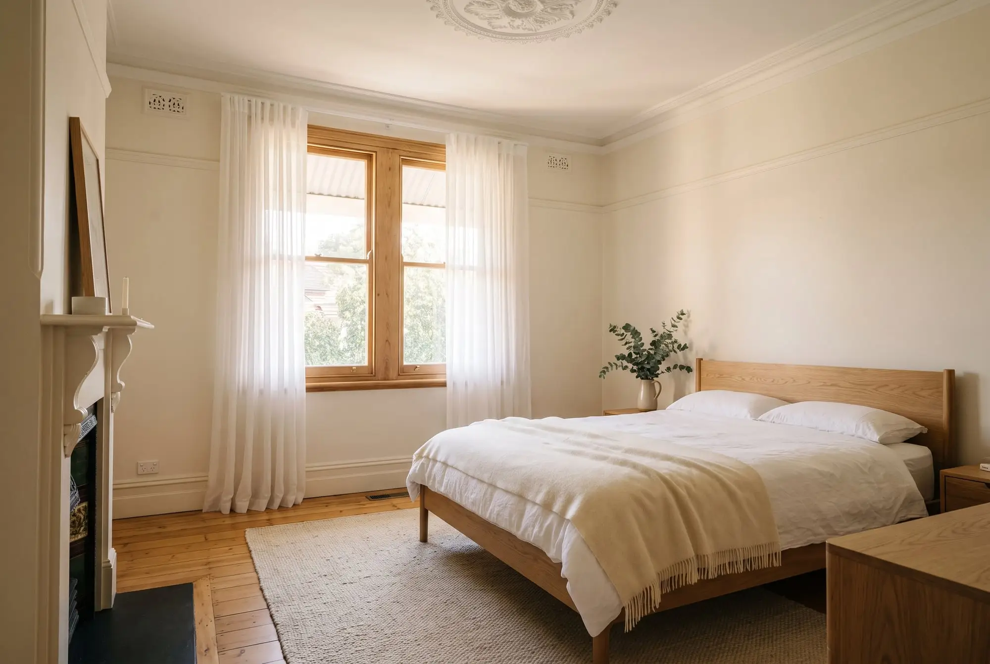 Bedroom with a ceiling rose, timber sash windows, white linen and a painted fireplace
