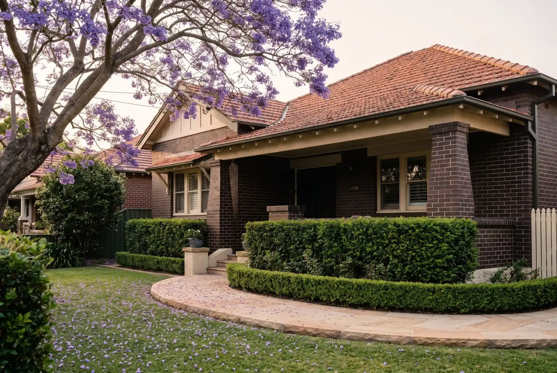 Californian bungalow in dark brick with a deep porch and clipped hedges under a jacaranda in bloom