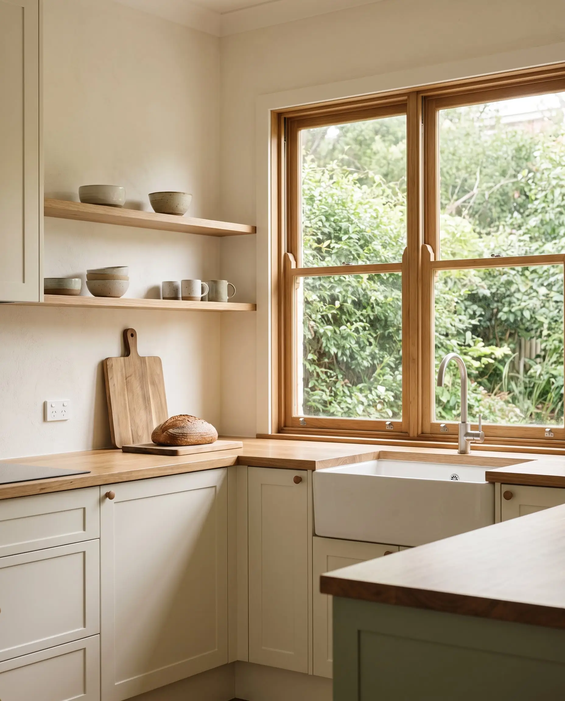 Kitchen with timber benchtops, open shelves of ceramics and a ceramic sink beneath a garden window