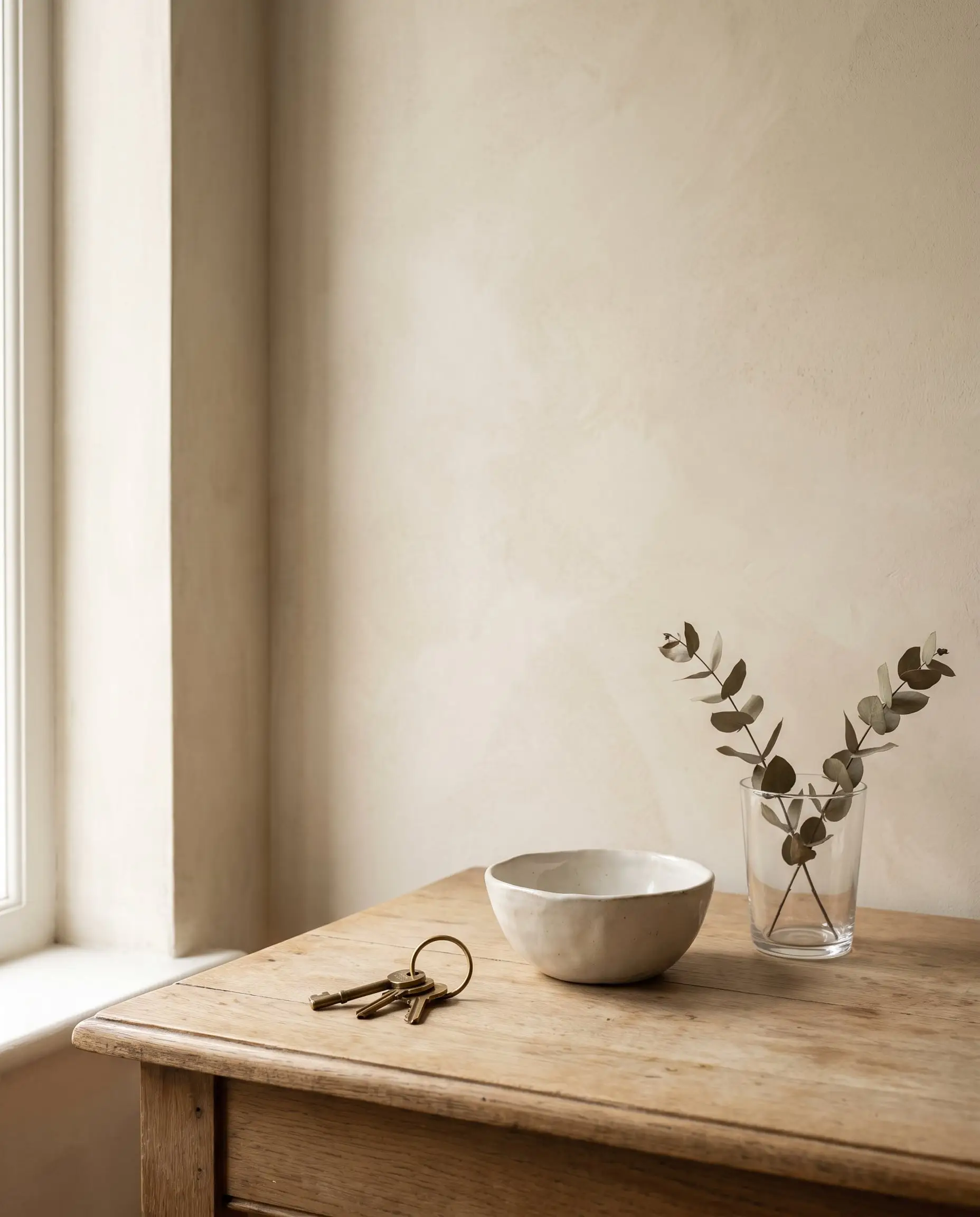 Brass keys on a pale oak hall table beside a ceramic bowl and a sprig of eucalyptus