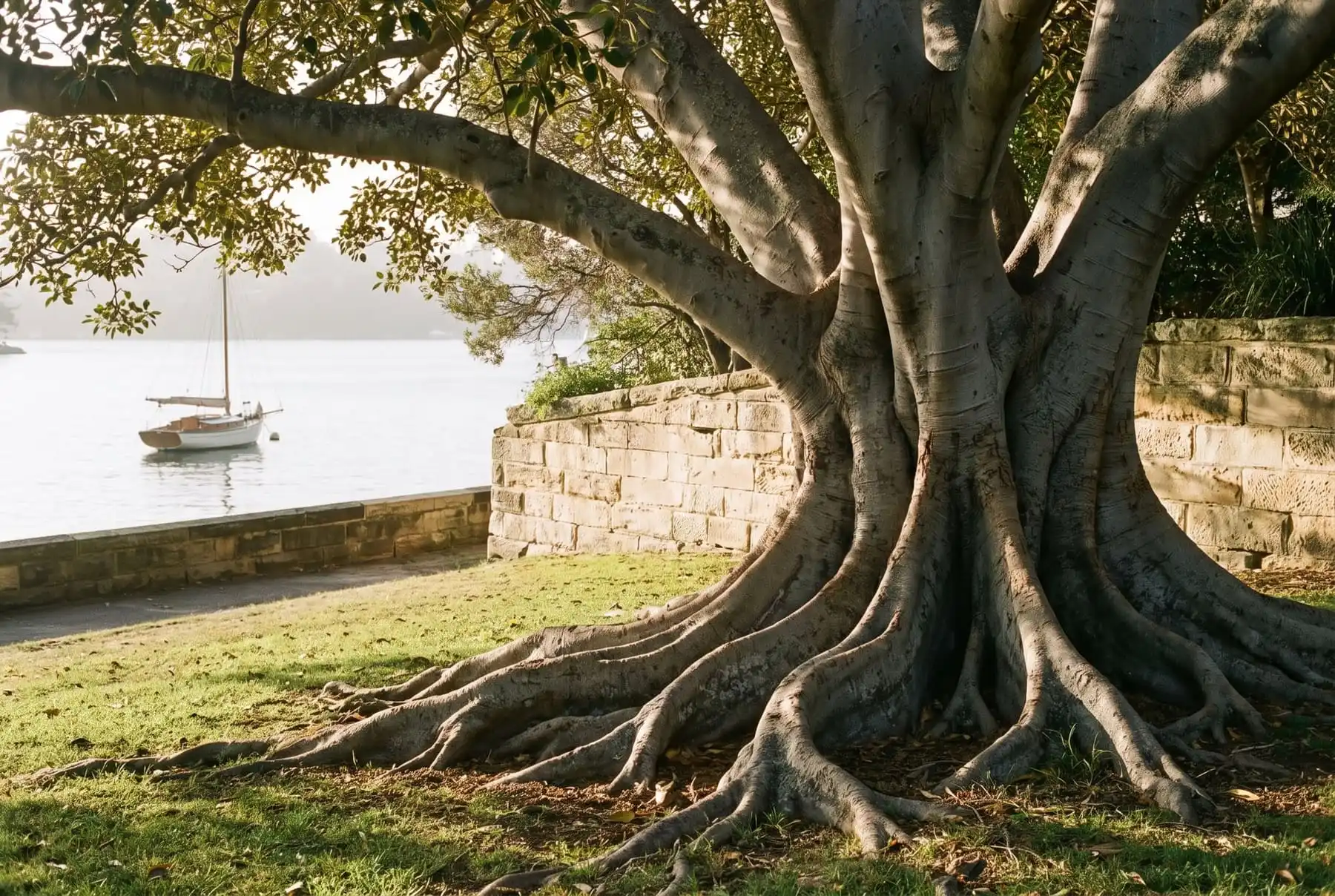 Buttress roots of an old Moreton Bay fig beside a sandstone wall, with a moored sailing boat on the harbour beyond