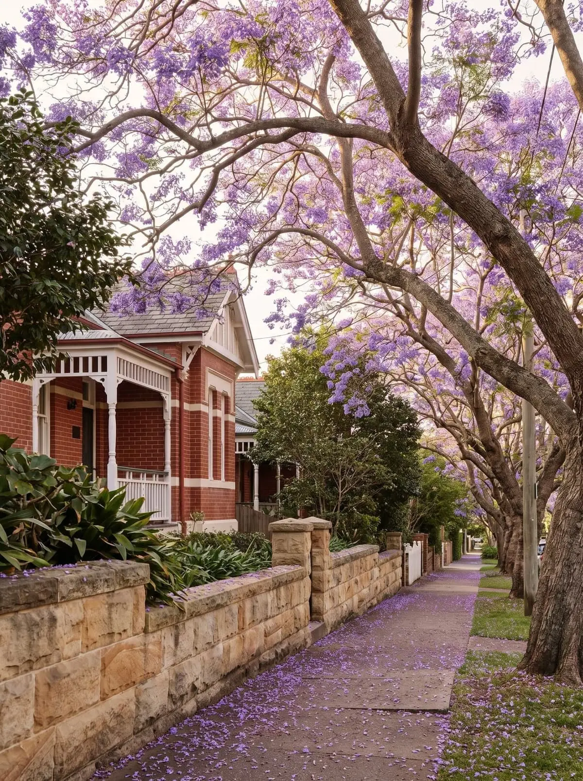 Footpath beside a sandstone wall under jacarandas in full bloom, with a red brick Federation house behind