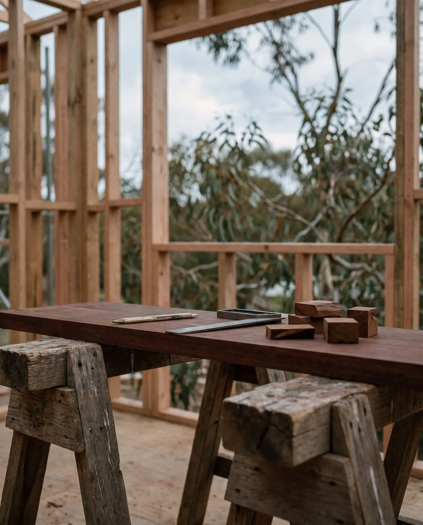 A jarrah board on old sawhorses with a carpenter's pencil, a steel square and offcuts, inside a new timber frame