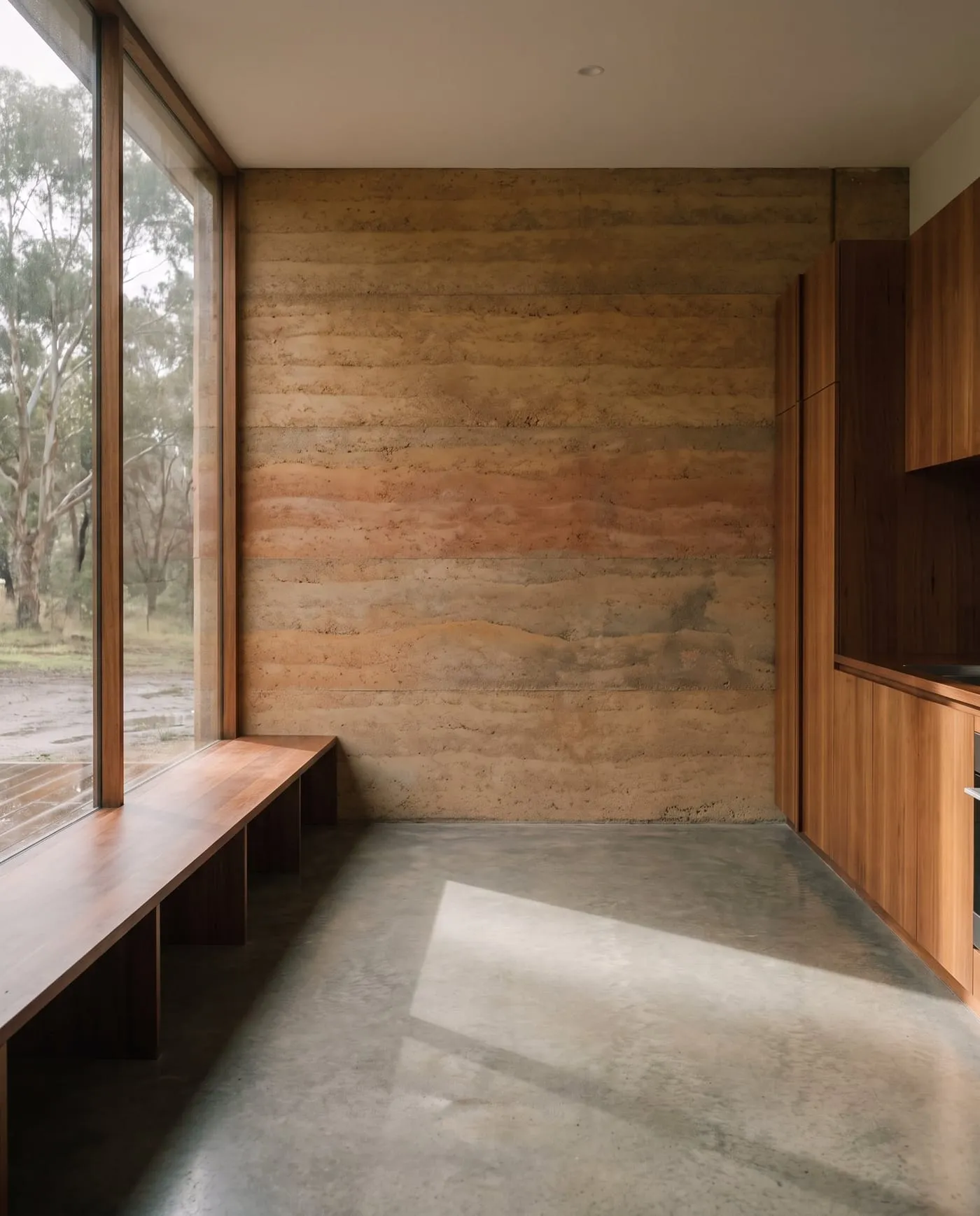 Inside a rammed earth house: a layered earth wall, jarrah joinery and a long patch of winter sun on a concrete floor