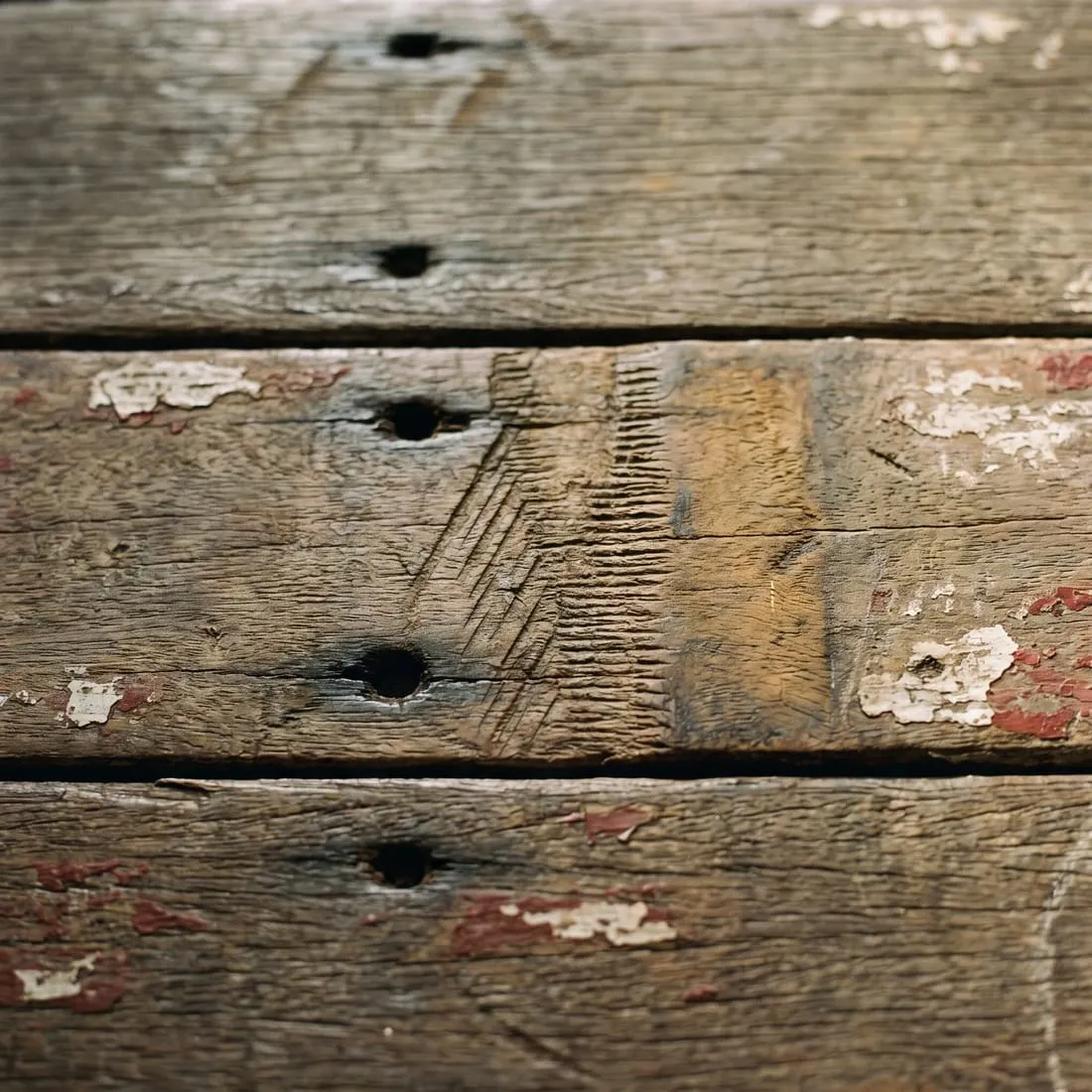 Close view of recycled hardwood boards with old nail holes and flecks of paint