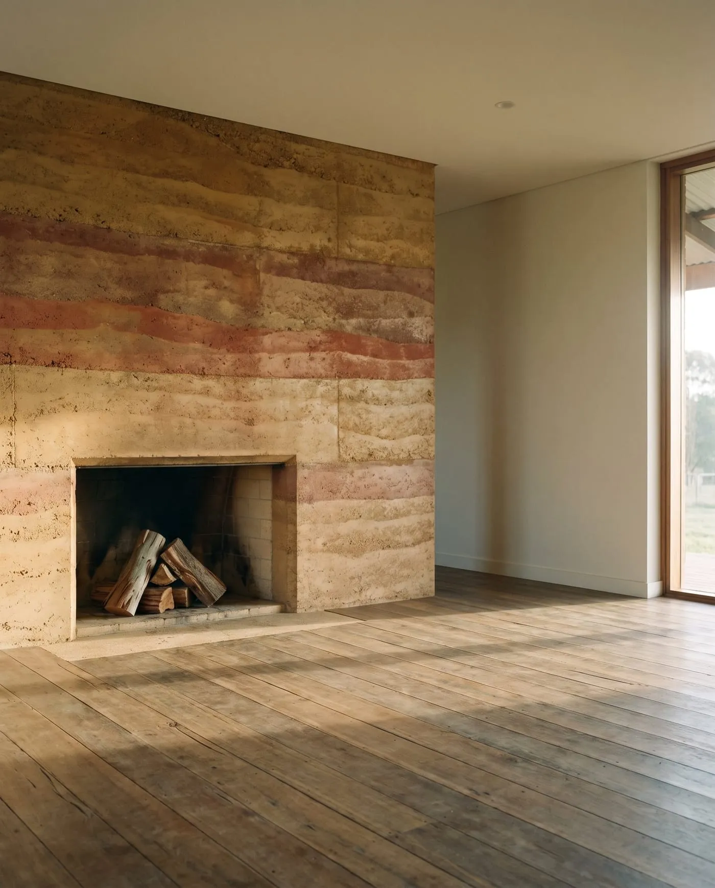 A rammed earth hearth wall with an open fireplace and stacked wood above wide recycled hardwood floorboards
