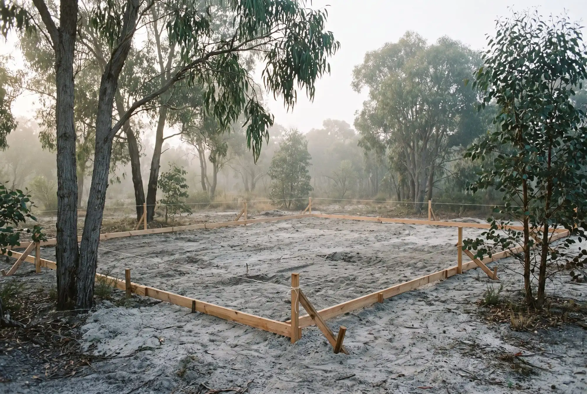 A bush block set out with timber profiles and string lines on pale sand, among eucalypts in morning mist