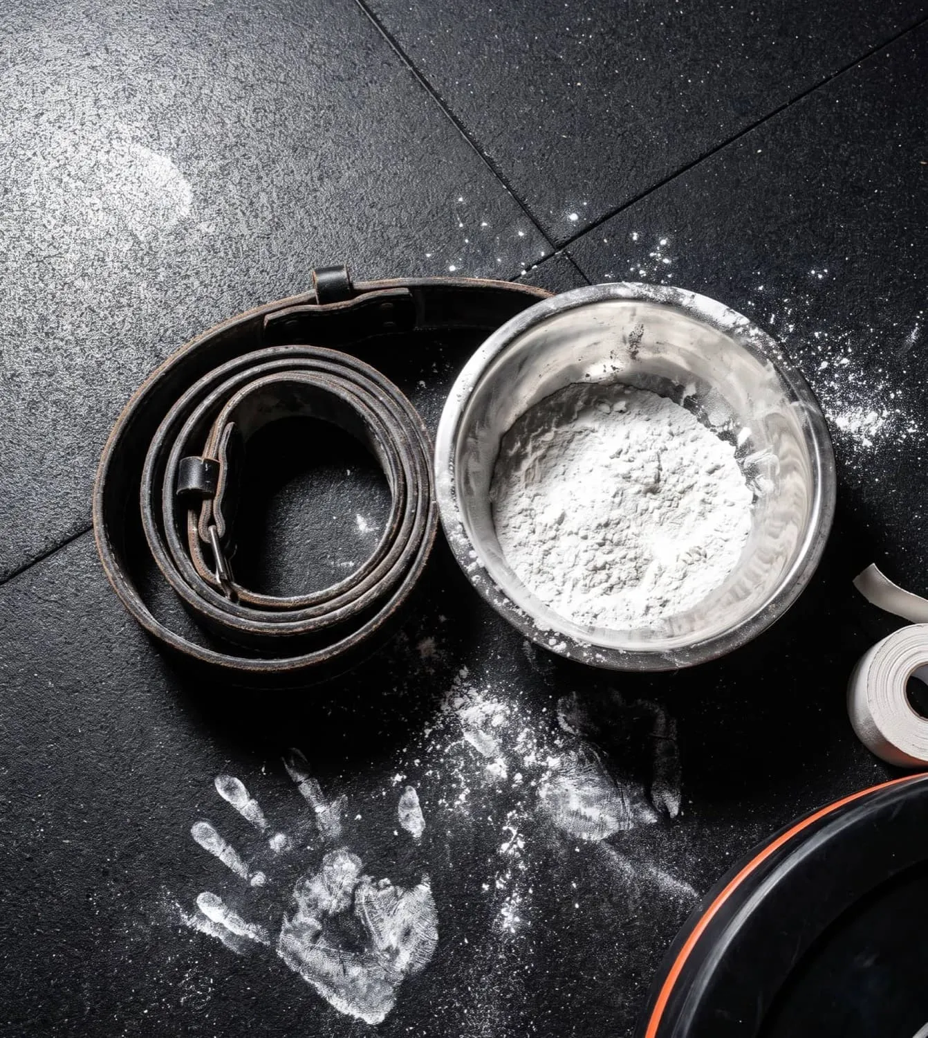 A worn leather lifting belt beside a bowl of chalk and a chalk handprint on the rubber floor