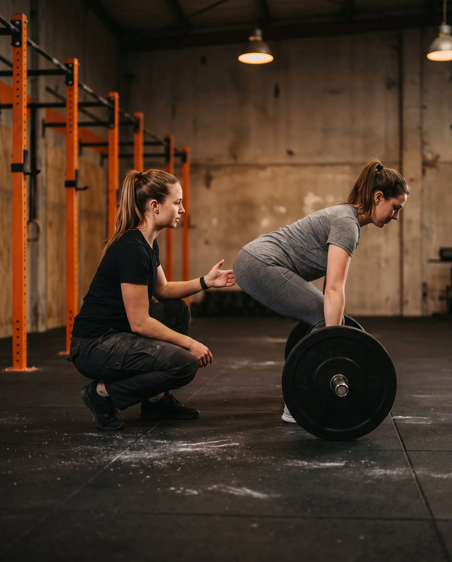 A woman coach crouched beside a beginner, guiding her hips as she sets up a deadlift
