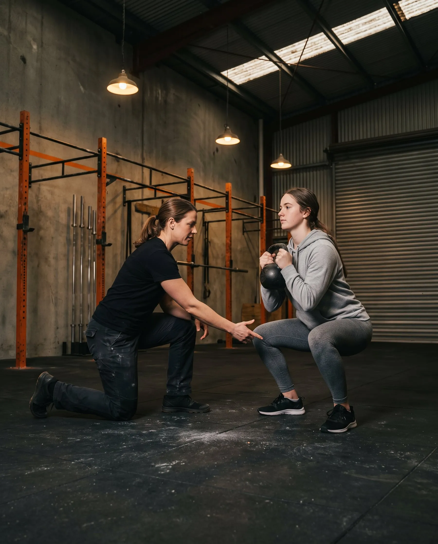 A woman coach kneeling beside a beginner in a kettlebell goblet squat, pointing to her knee