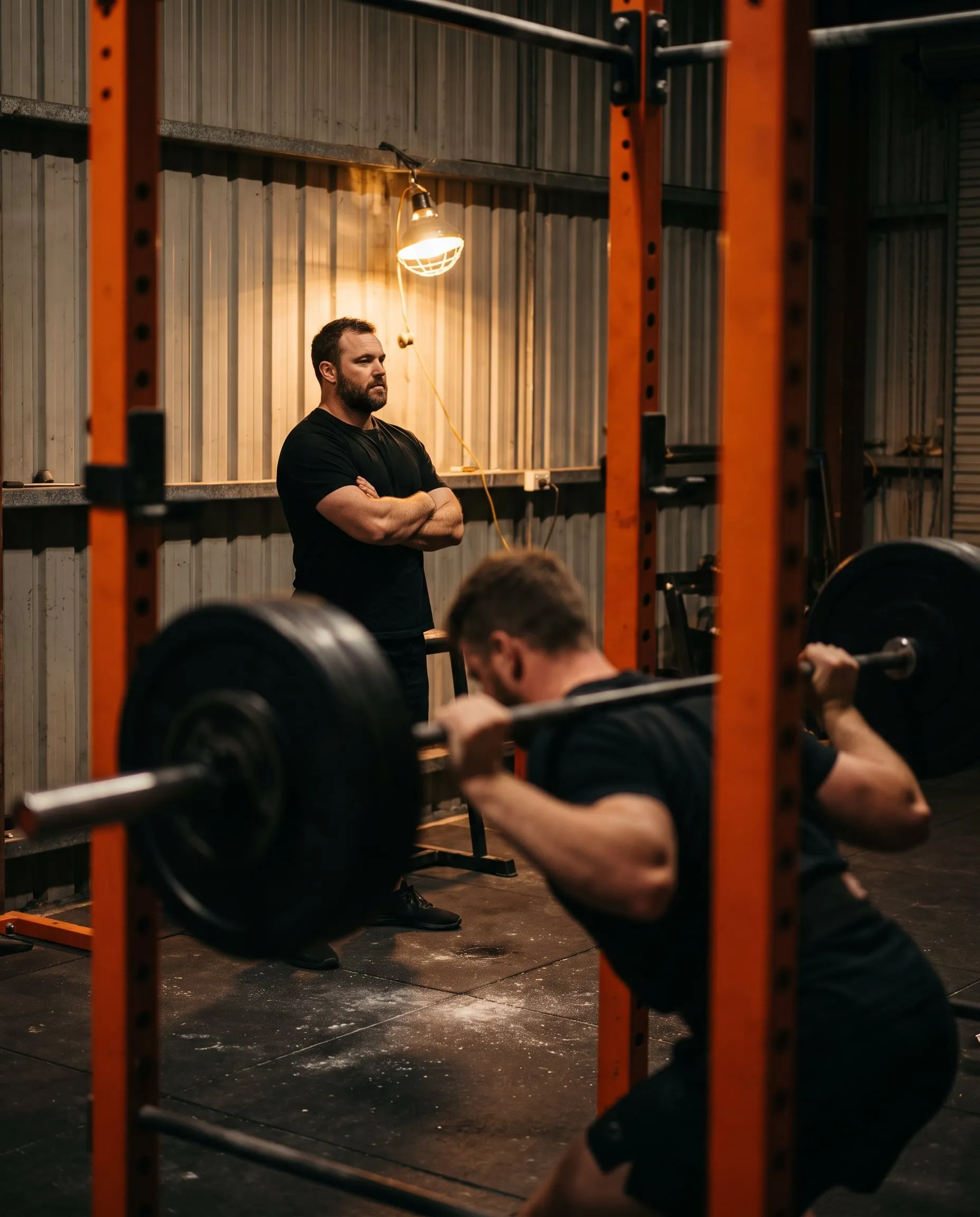 A strength coach with folded arms watching a lifter set up under a bar in an orange rack