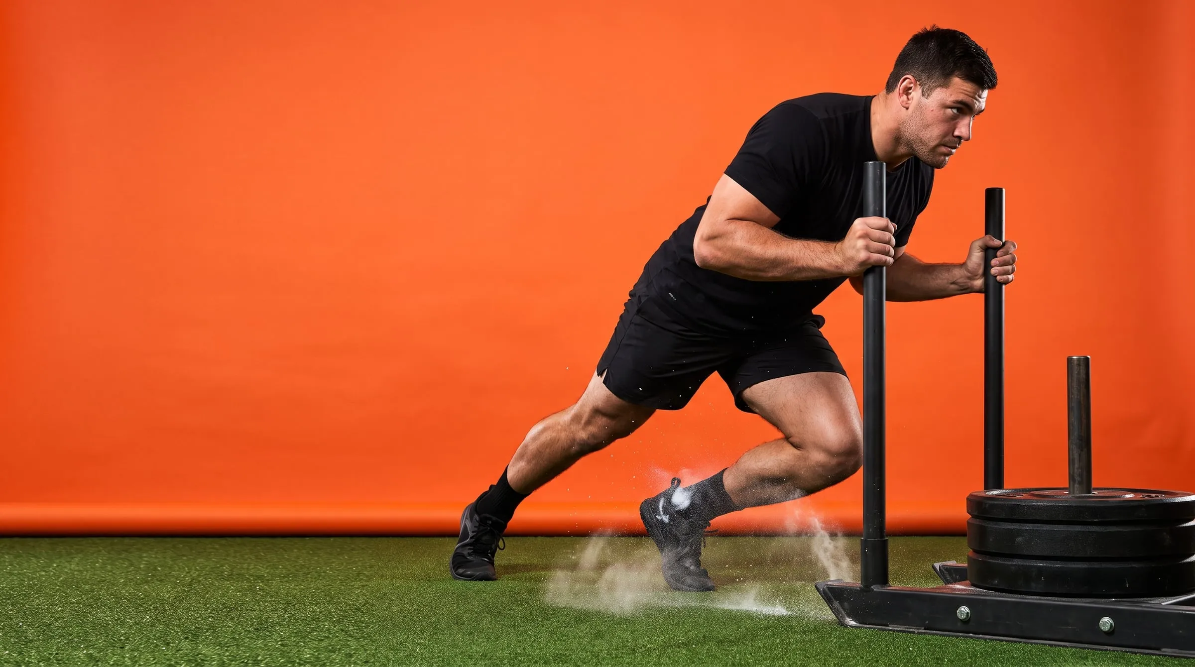 A man driving a loaded push sled across turf in front of an orange backdrop