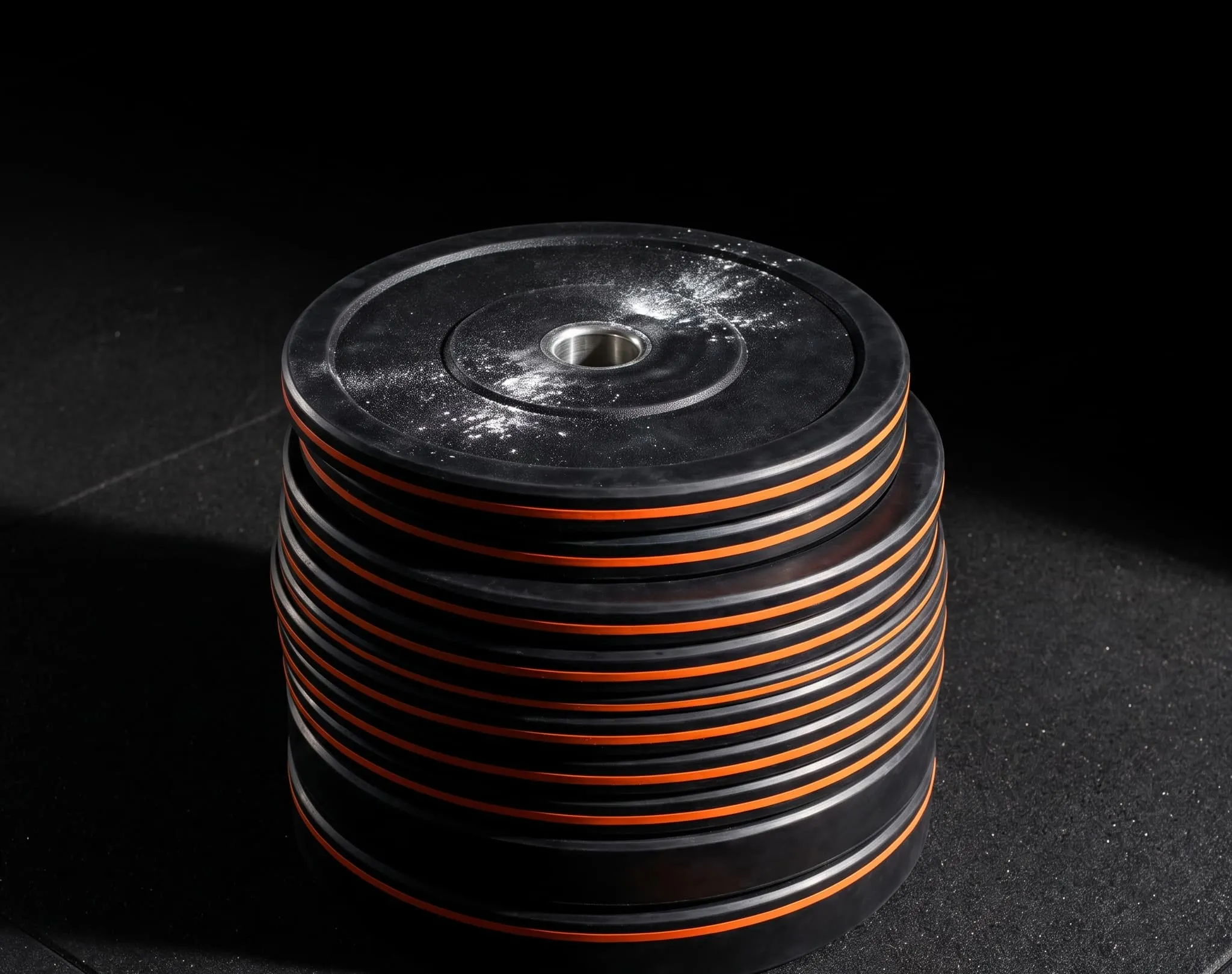 A stack of black bumper plates with orange rim stripes, dusted with chalk
