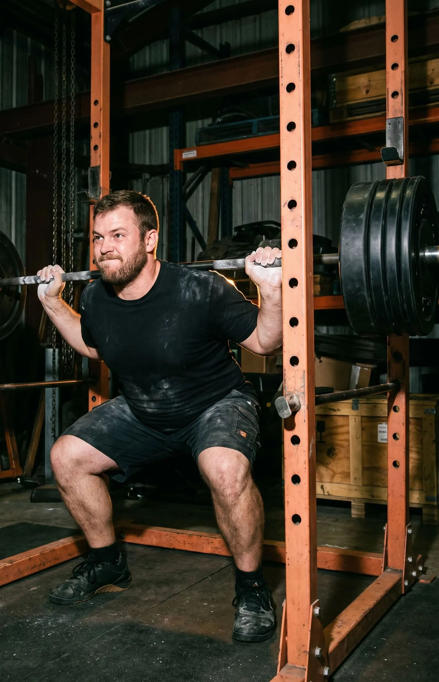 A bearded lifter in a chalky black t-shirt at the bottom of a heavy back squat inside an orange rack