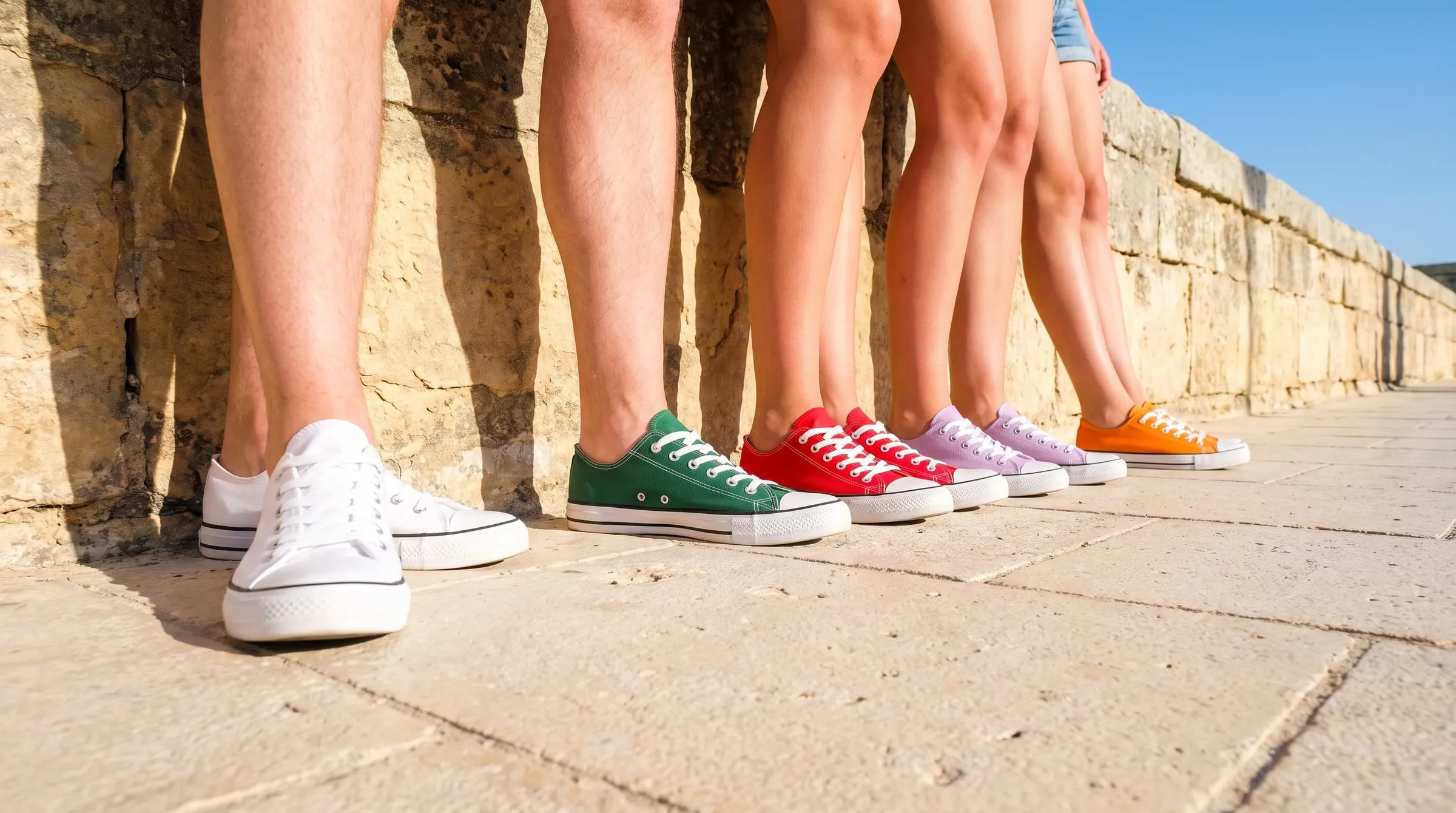A row of colourful canvas sneakers lined up against a sunlit limestone wall