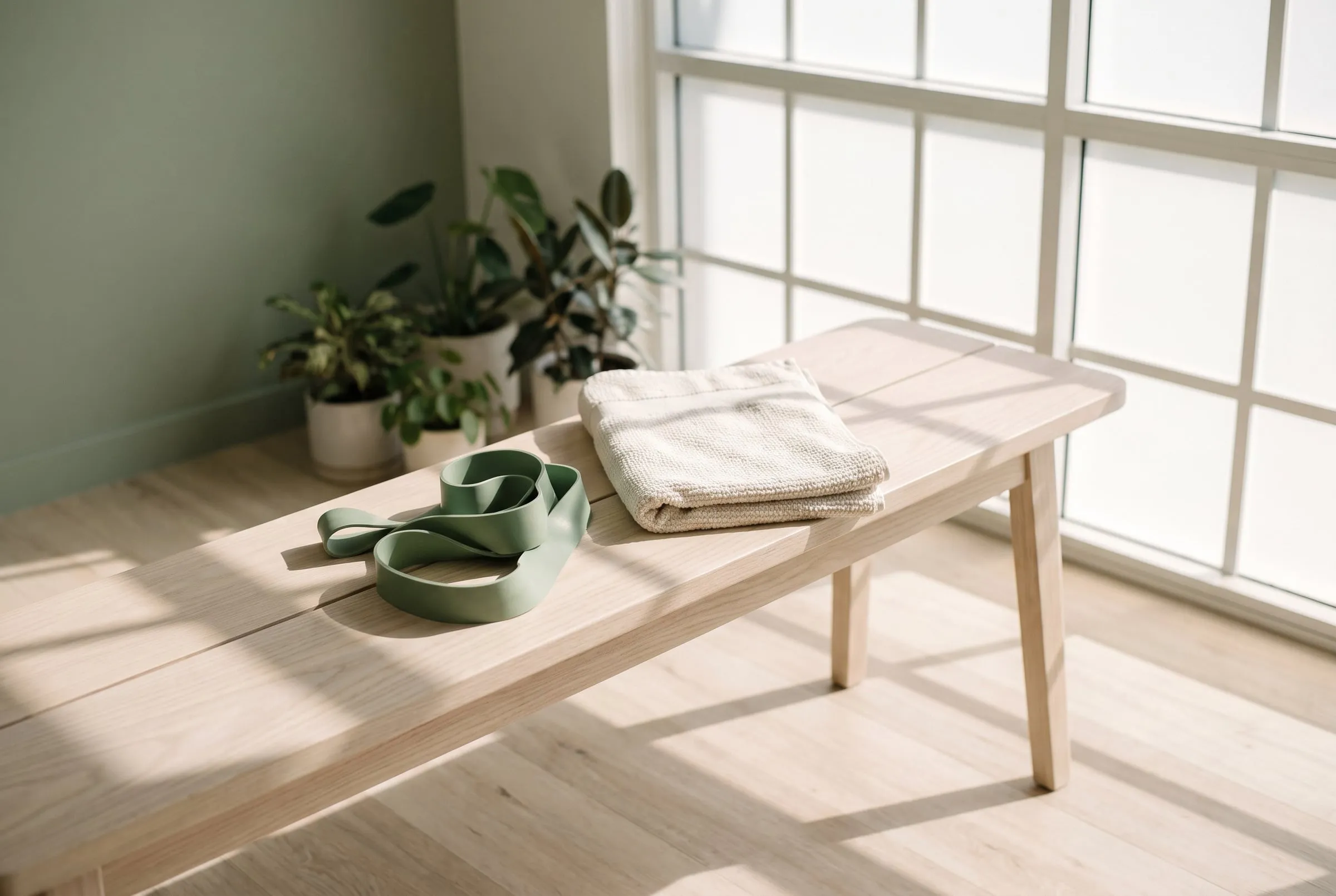 A sage resistance band and folded towel on a pale timber bench in window light