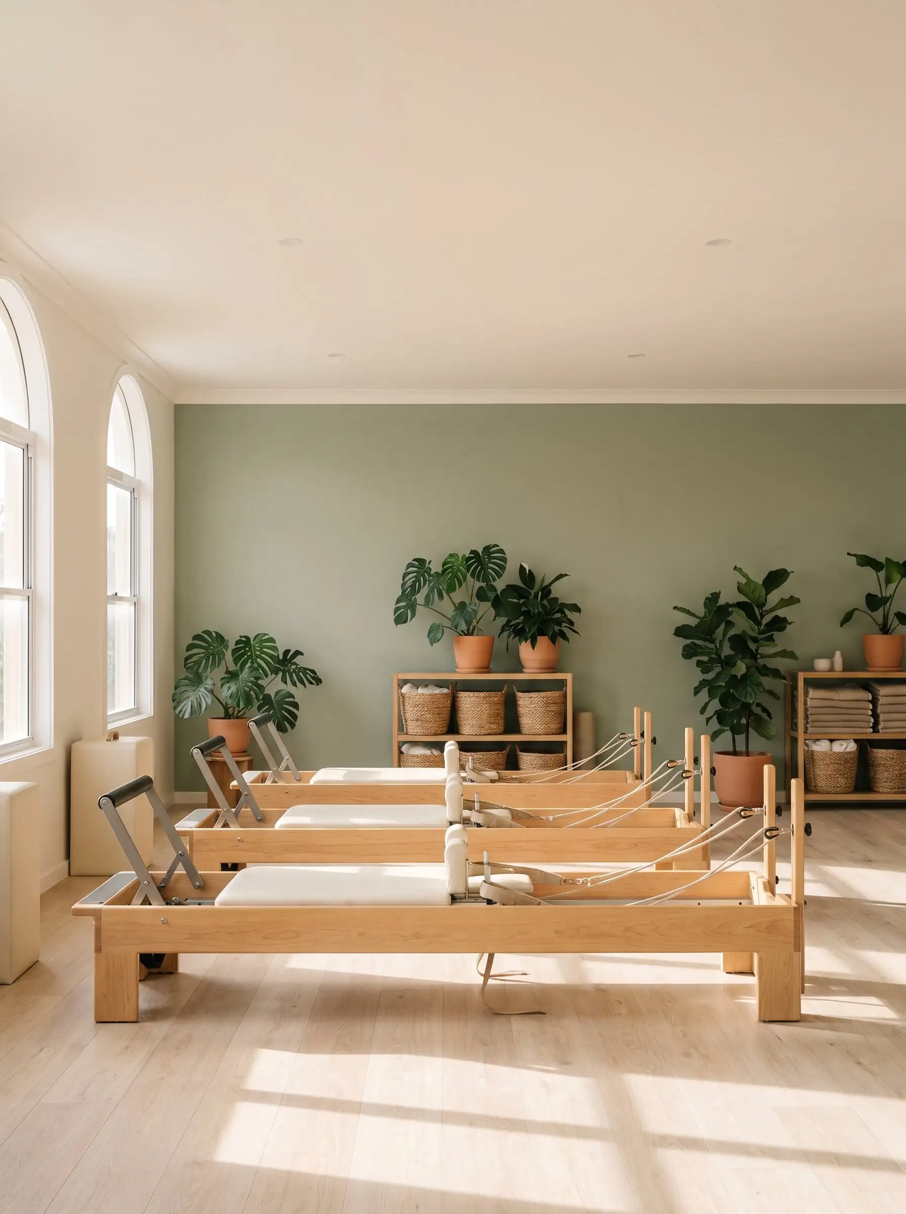 Three timber Pilates reformers in a bright studio with a sage green wall and morning light across the floor