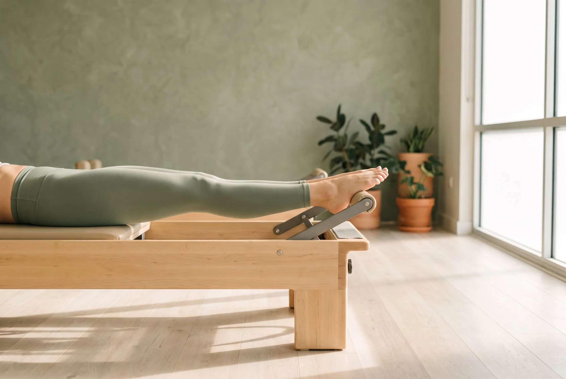 Legs in sage leggings extended in a long line on a timber Pilates reformer