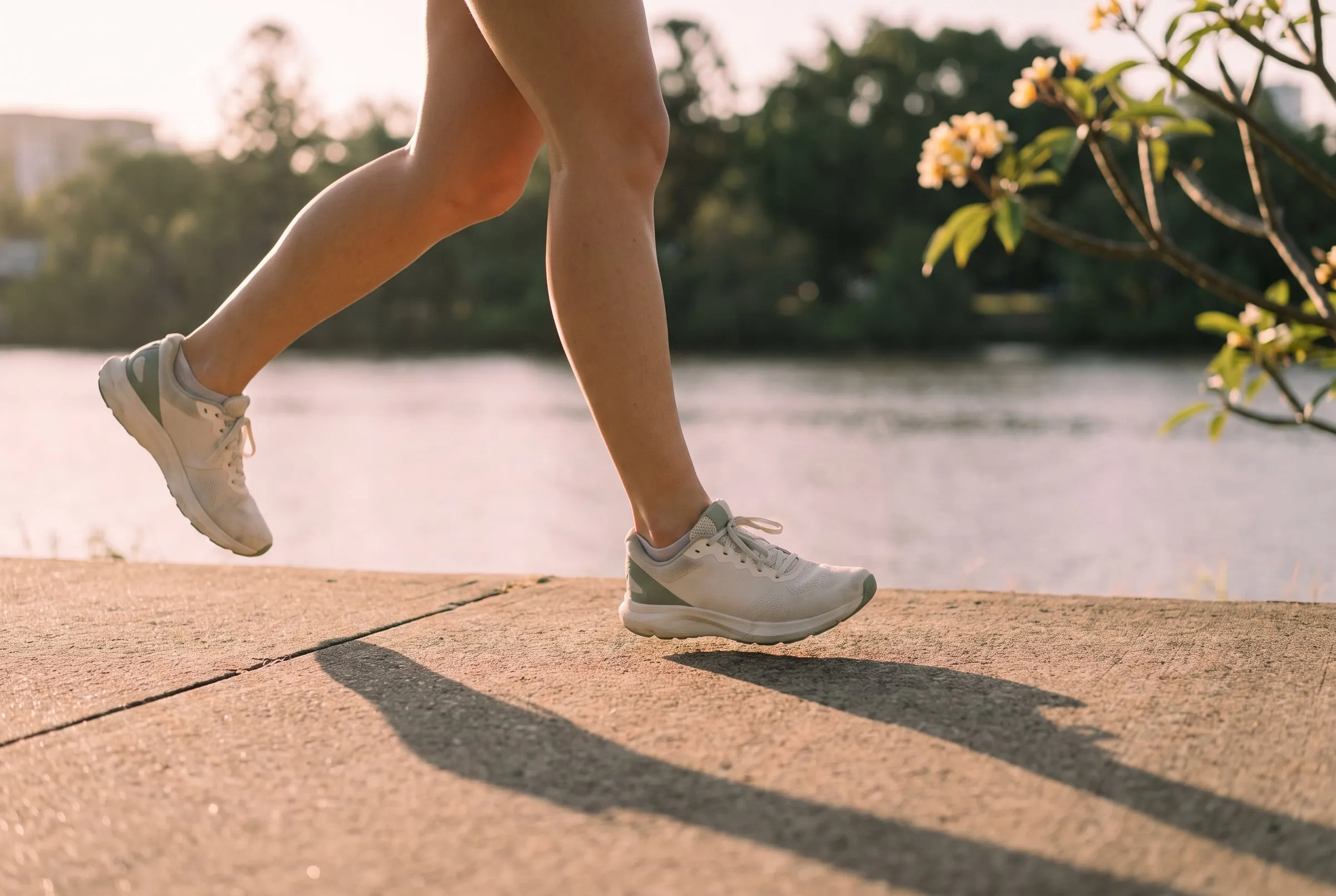 A runner's legs mid-stride on a riverside path at sunrise
