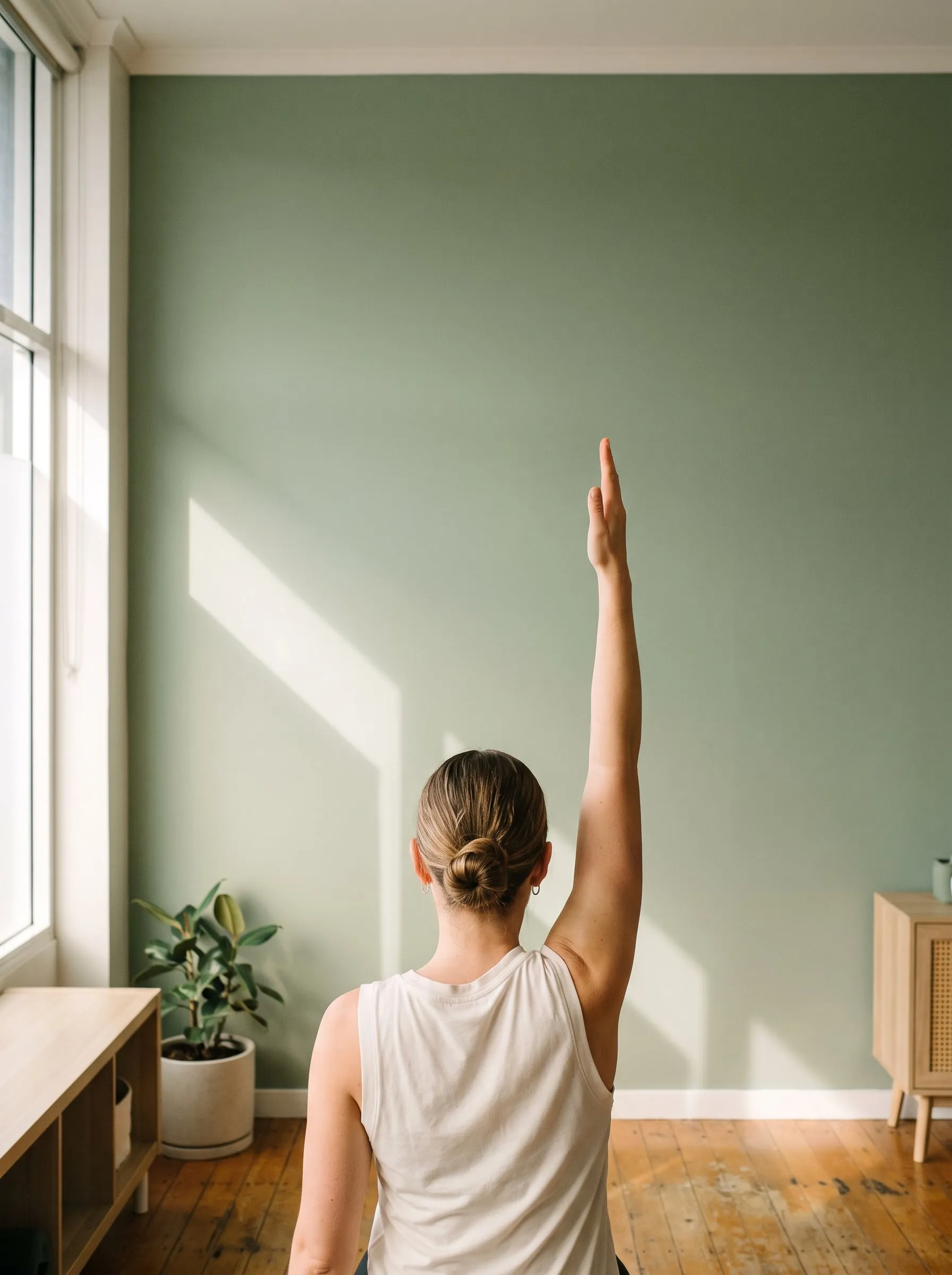 A woman reaching one arm overhead against a sage green wall