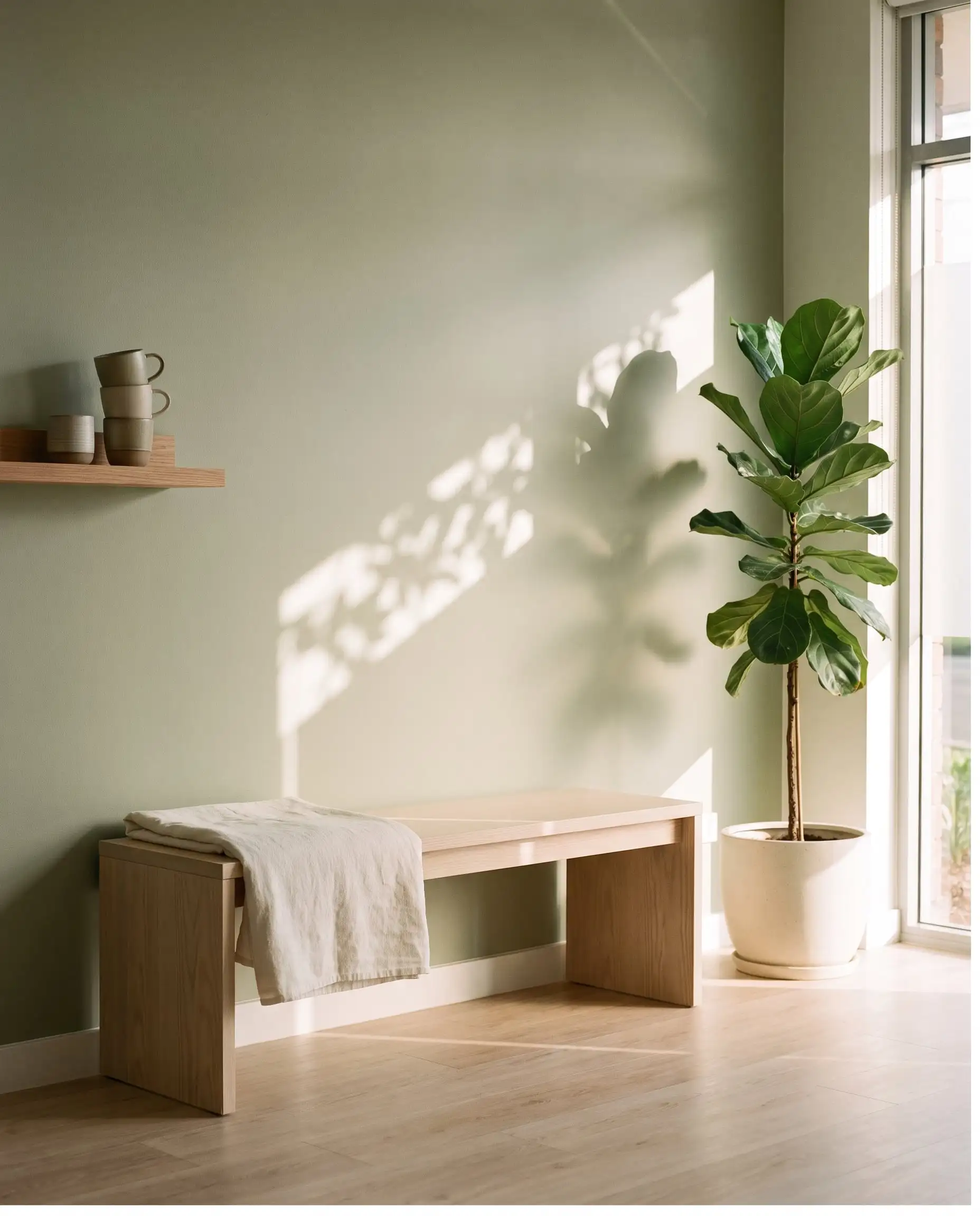 A pale timber bench with a linen throw beside a fiddle-leaf fig against a sage green wall