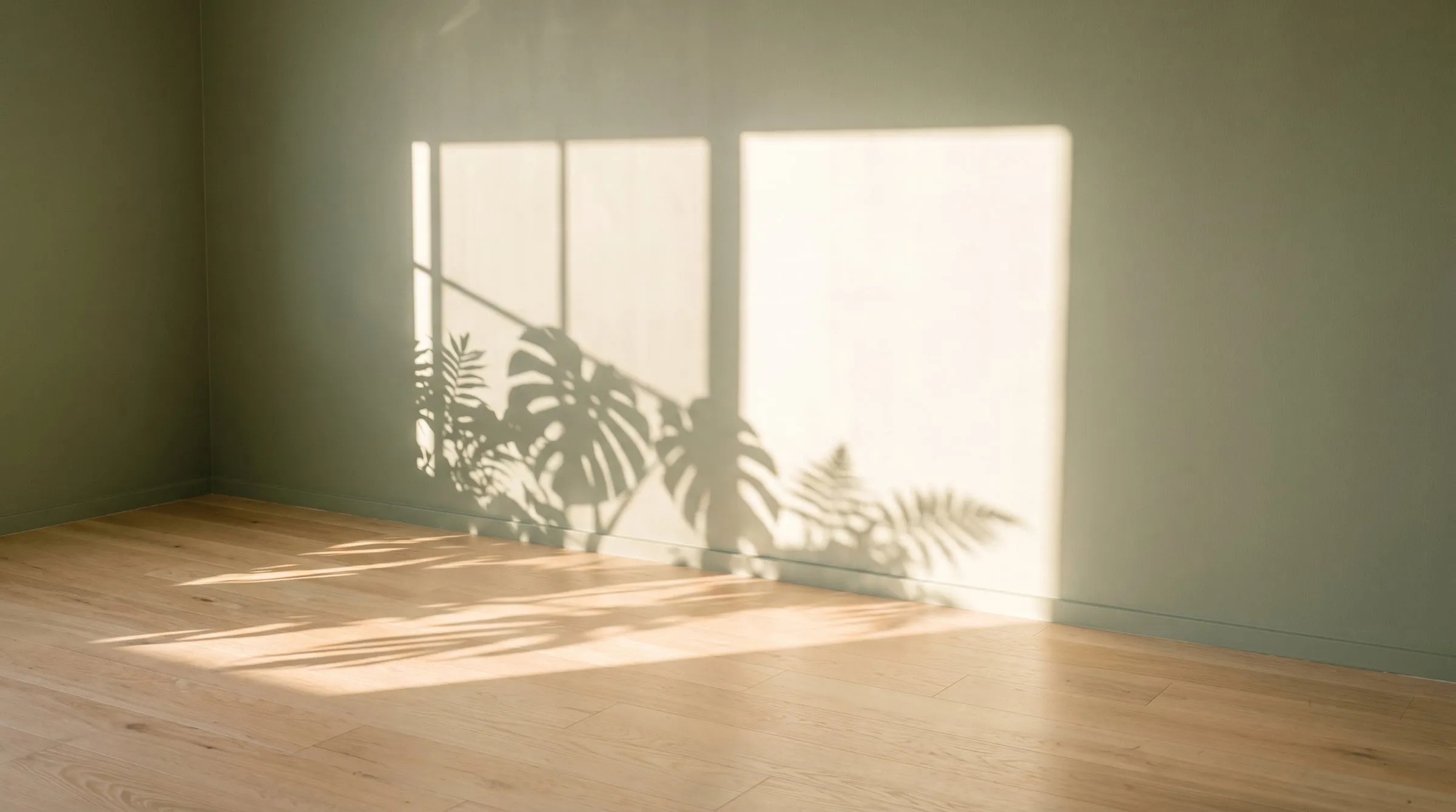 Morning sun throwing window and leaf shadows across a sage wall and pale timber floor