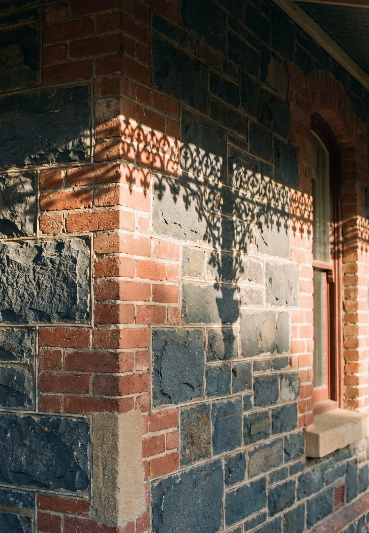 Bluestone and red-brick wall of a Victorian building with the shadow of iron lacework in late sun