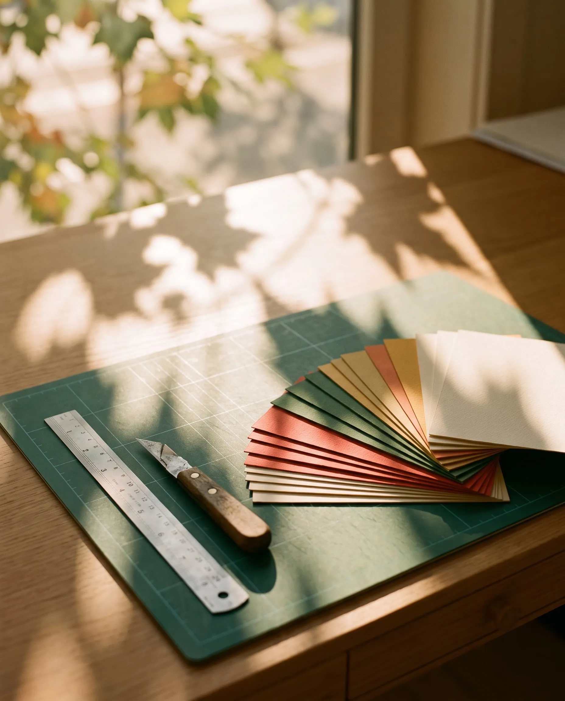 A fan of coloured paper swatches, a steel ruler and a craft knife on a green cutting mat