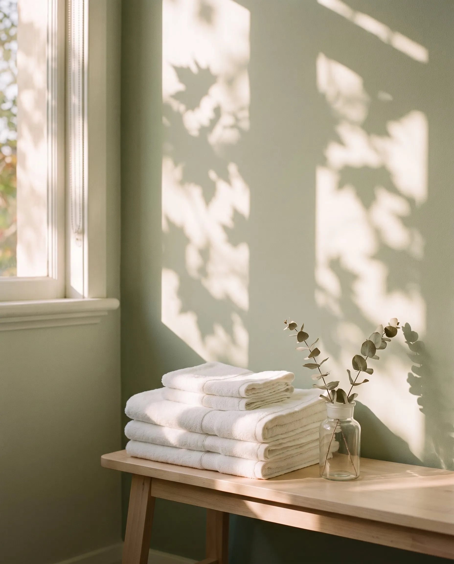 Folded white towels and a sprig of eucalyptus on a timber bench against a sage wall in soft light