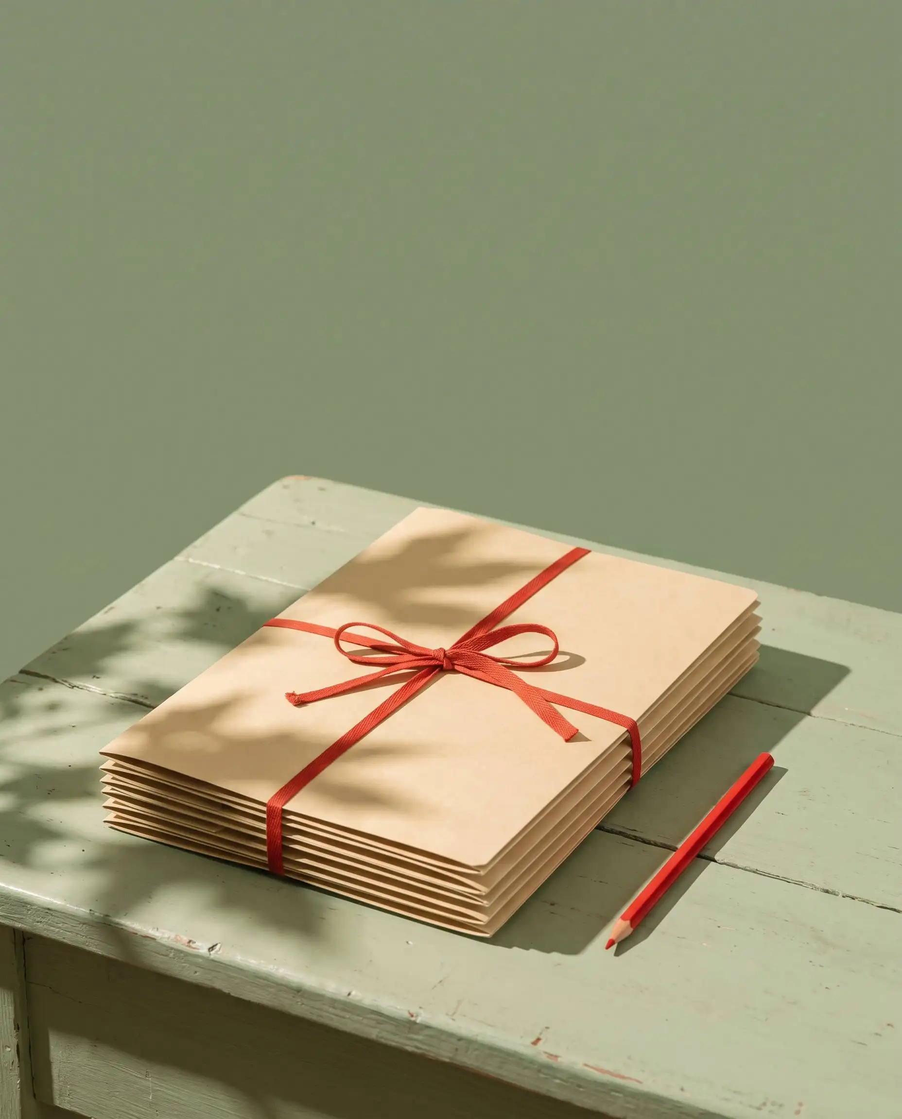 A stack of manila folders tied with red cotton tape beside a red pencil on a sage-green table in afternoon light