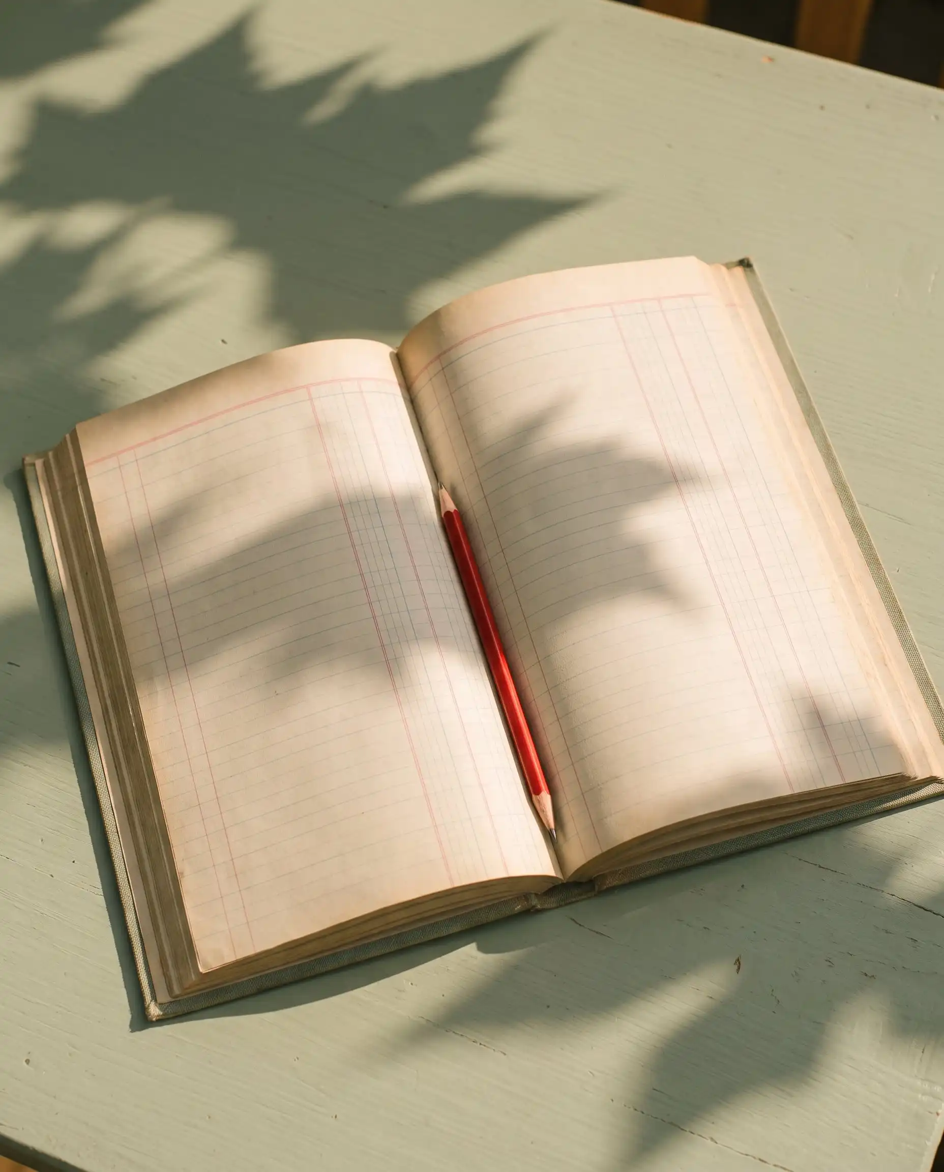 An open accounting ledger with green ruled pages and a red pencil resting in the gutter