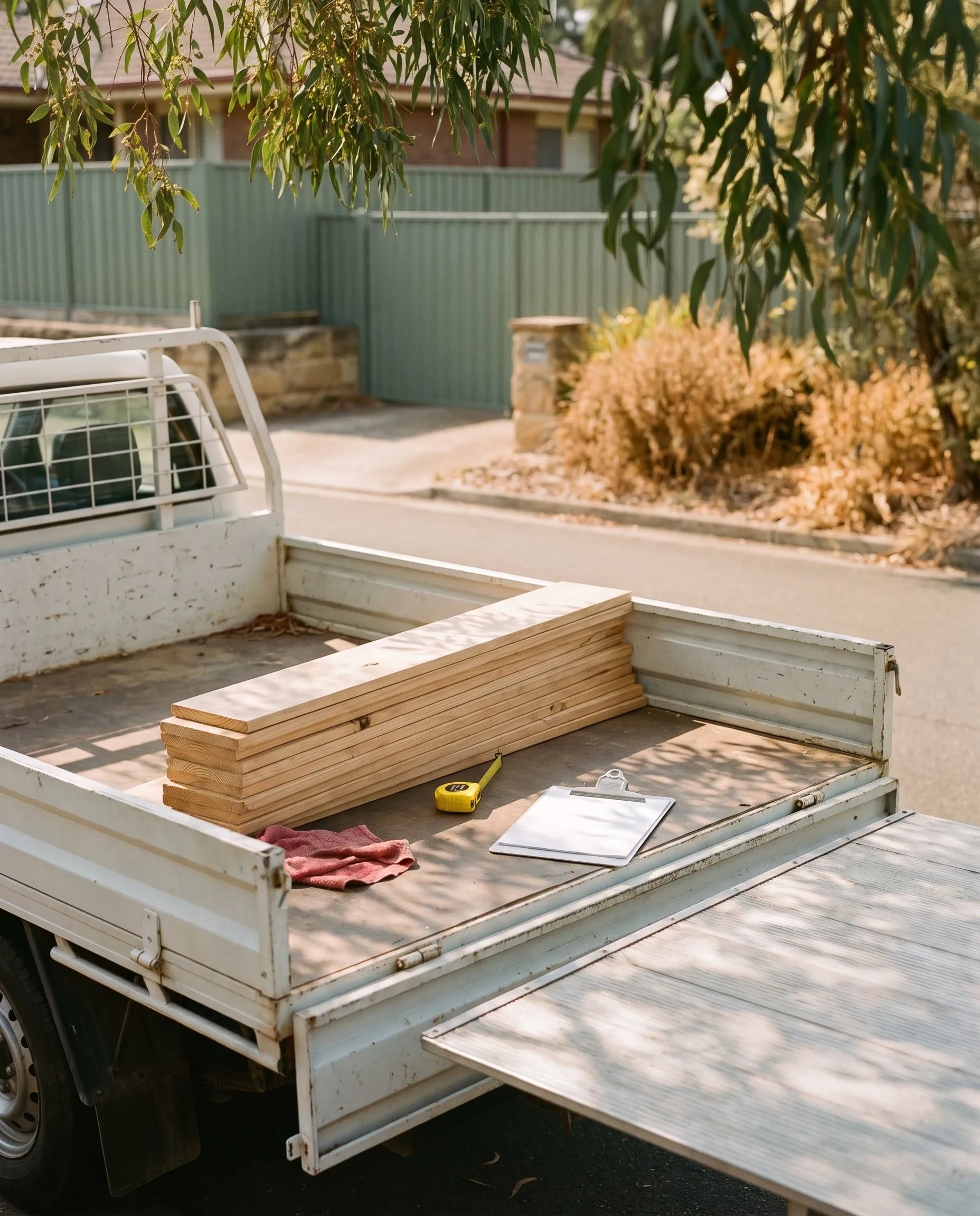 Timber offcuts, a tape measure and a clipboard on the tray of a white ute in a leafy Adelaide street