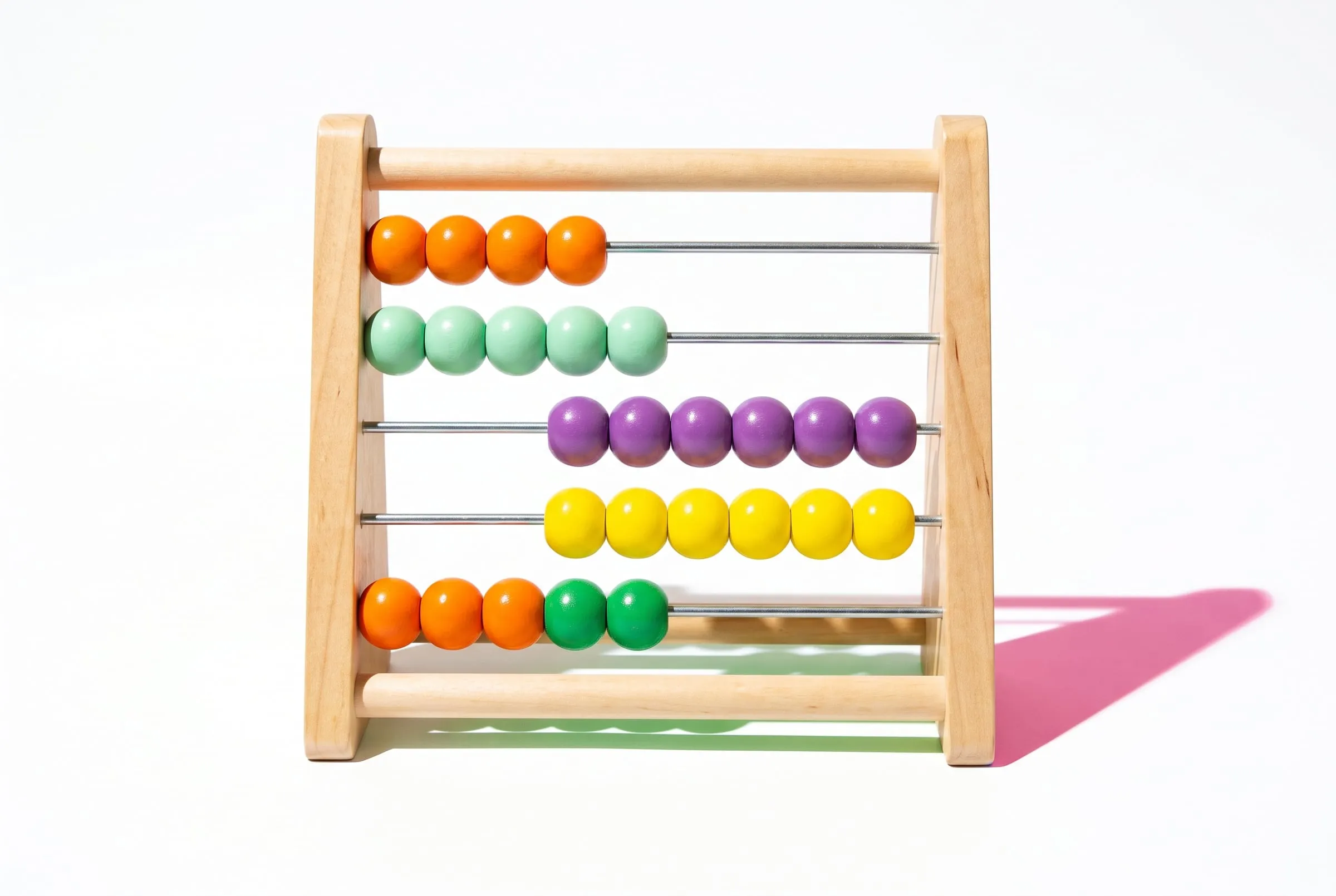 A wooden counting abacus with tangerine, mint, grape and yellow beads